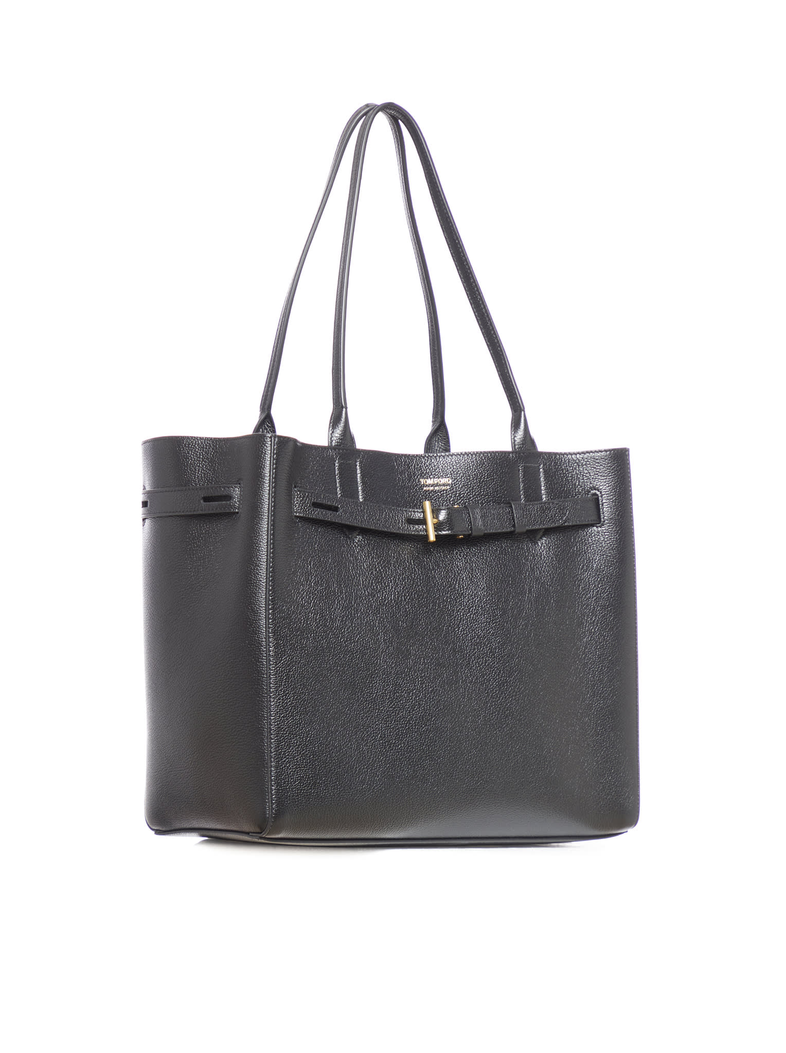 Tom Ford Black Tote Bag With T Detail In Hammered Leather Woman In Black
