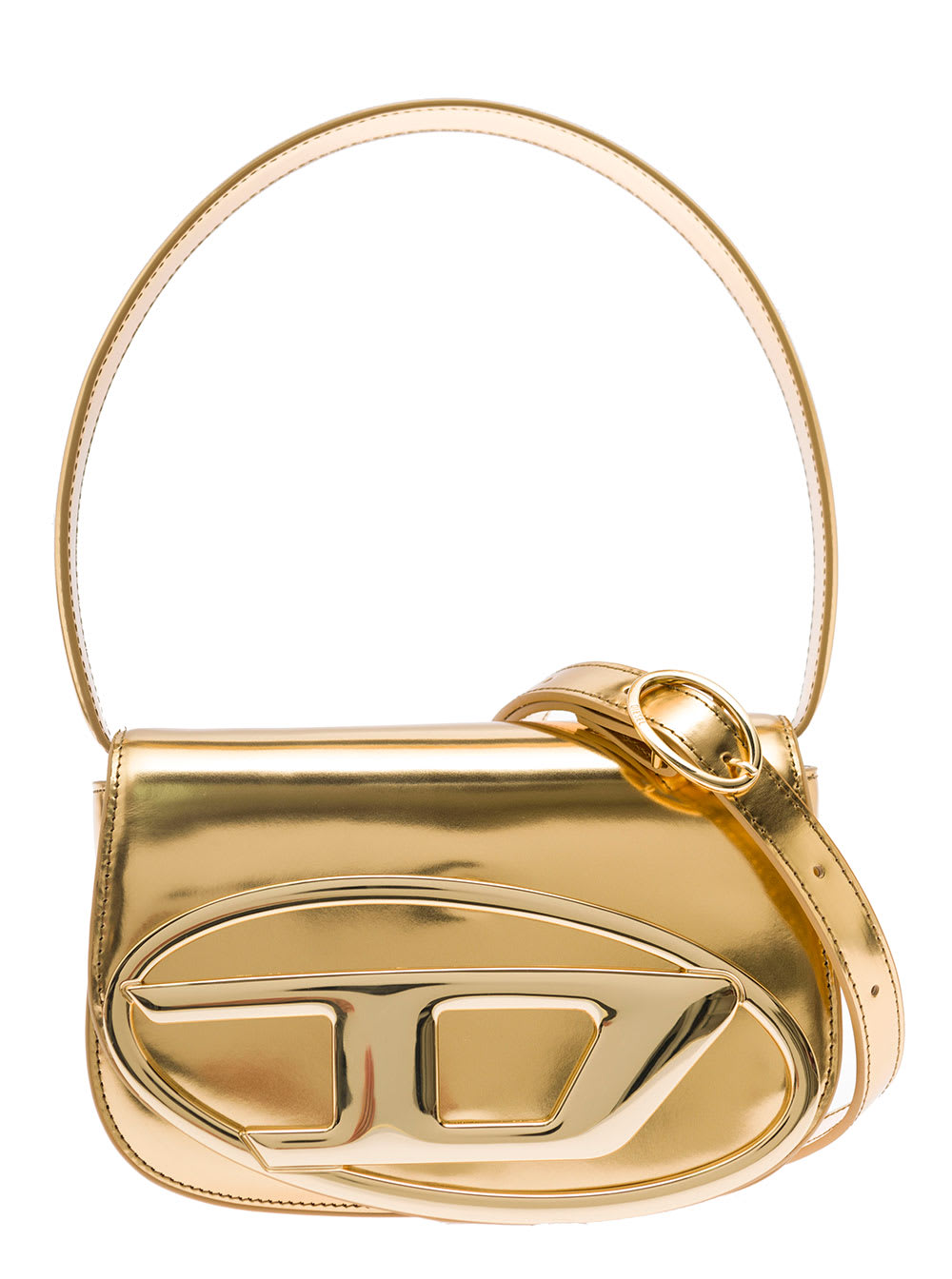 Shop Diesel 1dr Gold-colored Handbag With Electroplated Oval D Plaque In Glossy Mirrored-leather Woman In Metallic
