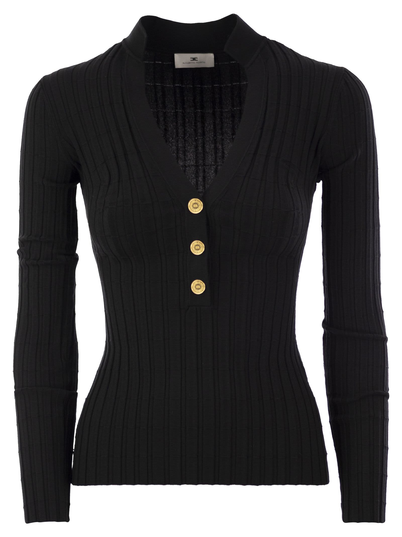 Shop Elisabetta Franchi Ribbed Viscose Sweater With Button Placket  In Black