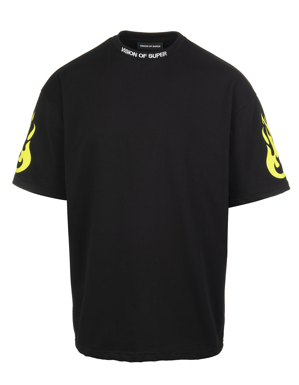 Vision of Super Man Black T-shirt With Fluo Yellow Flame