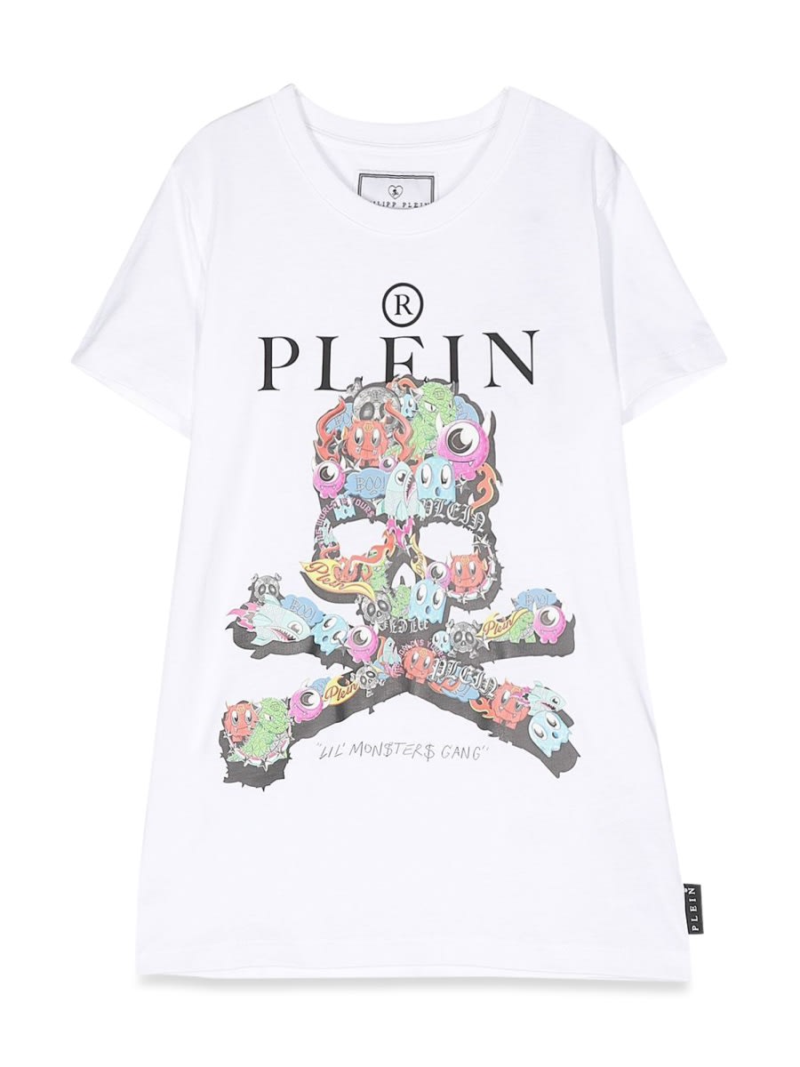 Shop Philipp Plein Junior Maxi T-shirt Skull In White