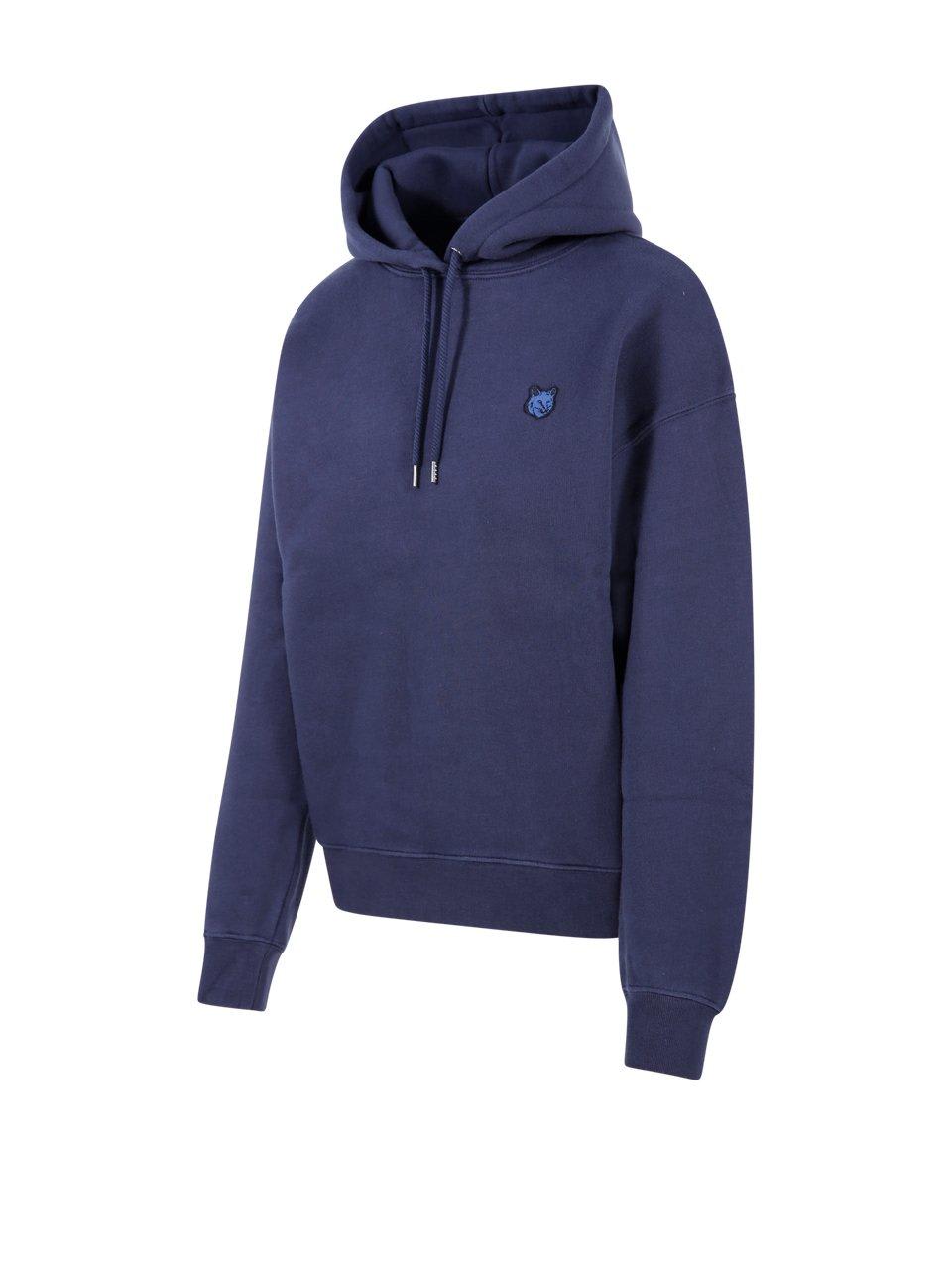 Shop Maison Kitsuné Fox Embroidered Drawstring Hoodie In Blue