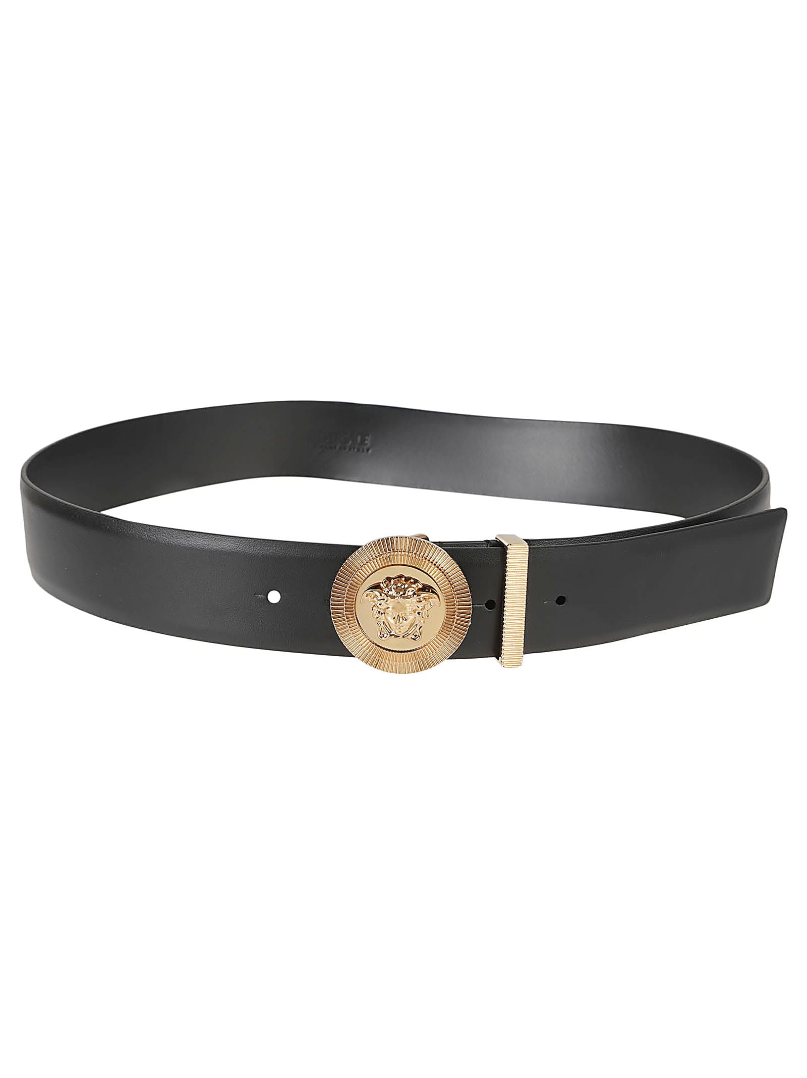 Shop Versace Medusa Buckled Belt In Black/ Gold