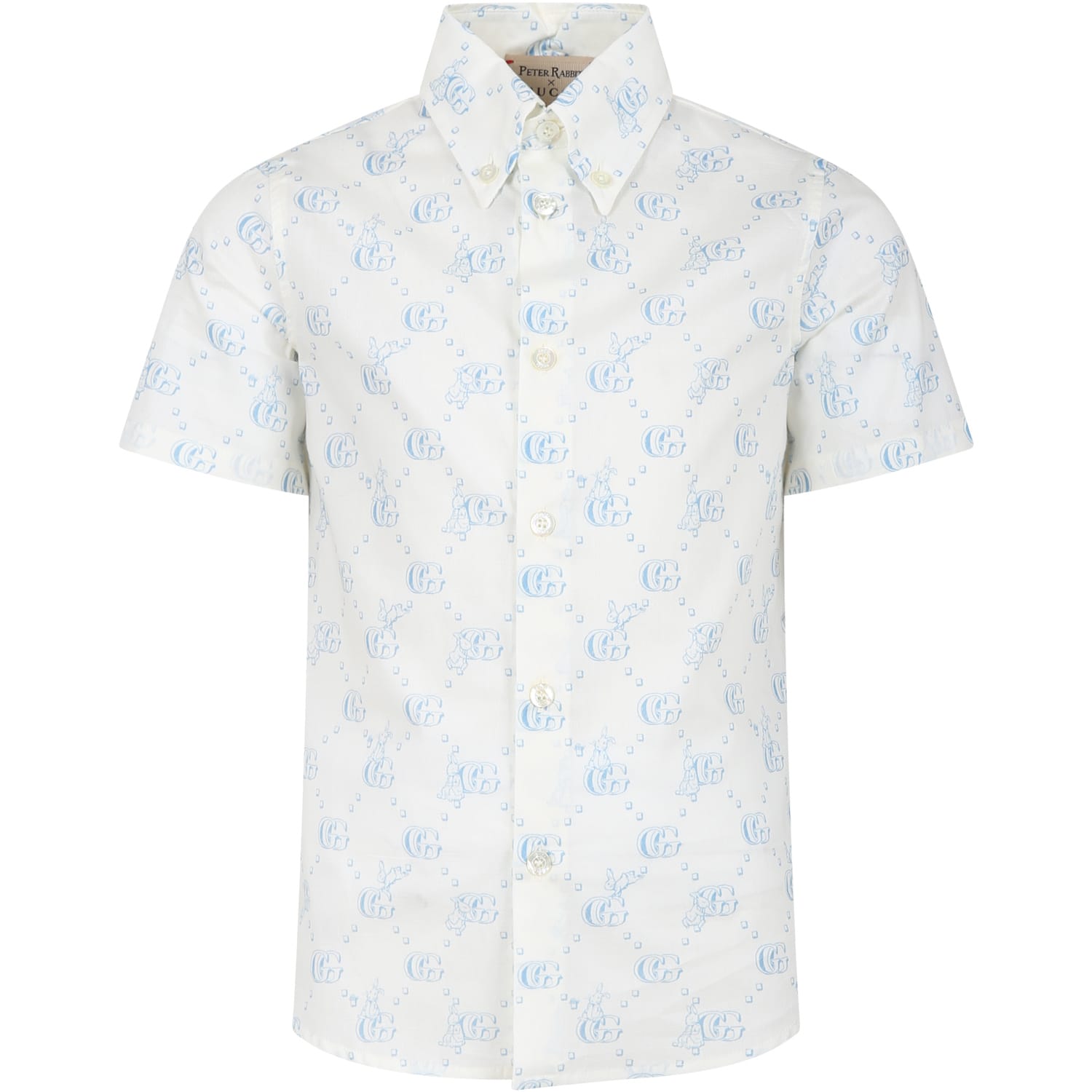 Gucci Kids' Shirt For Boy With Light Blue Logo And All-over Rabbit In White