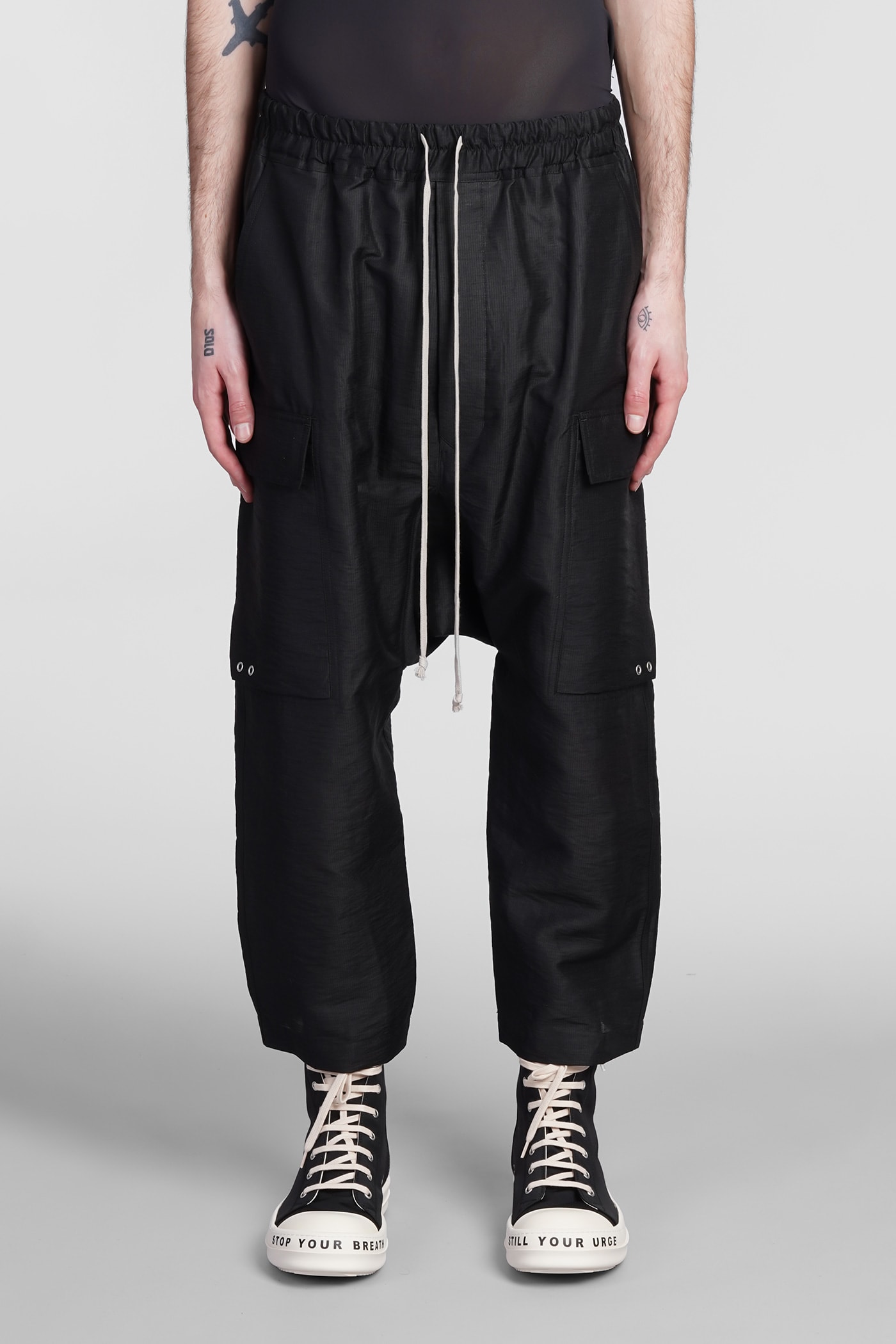 Rick Owens Cargo Cropped Pants In Black Linen