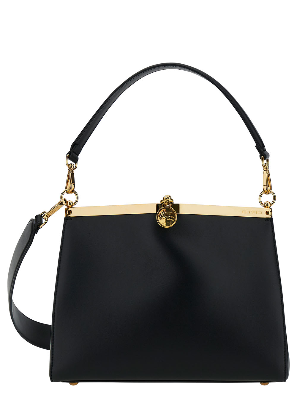 Shop Etro Medium Vela Black Shoulder Bag With Logo And Pegasus Charm In Leather Woman