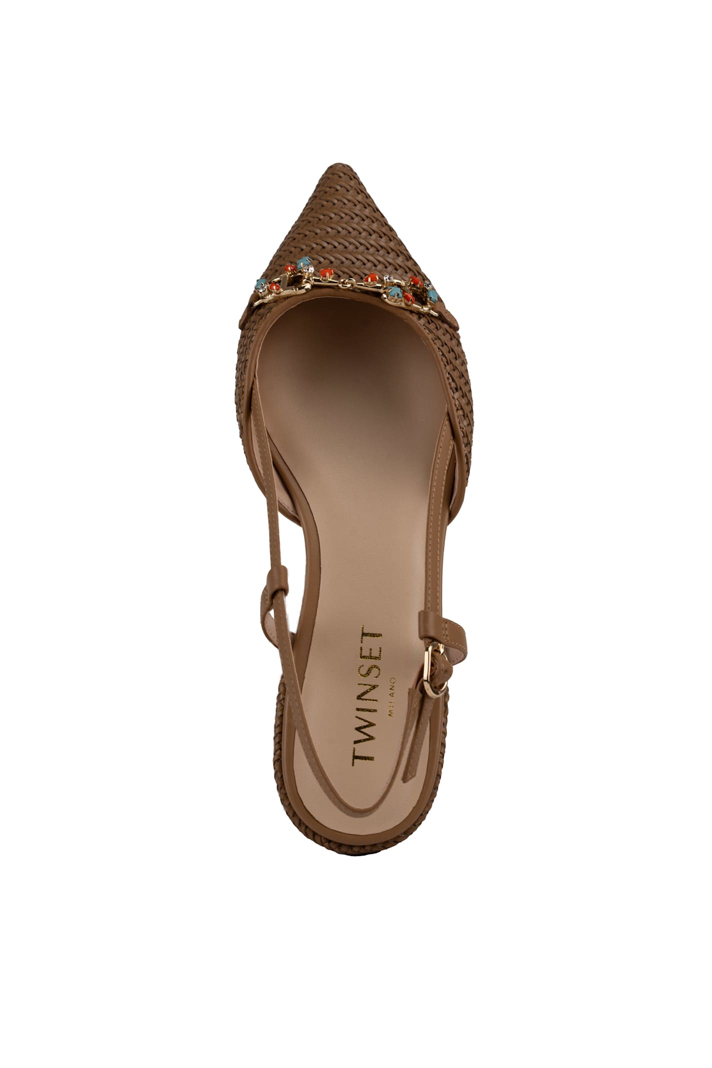 Twinset Raffia Sandal With Jeweled Clamp In Beige