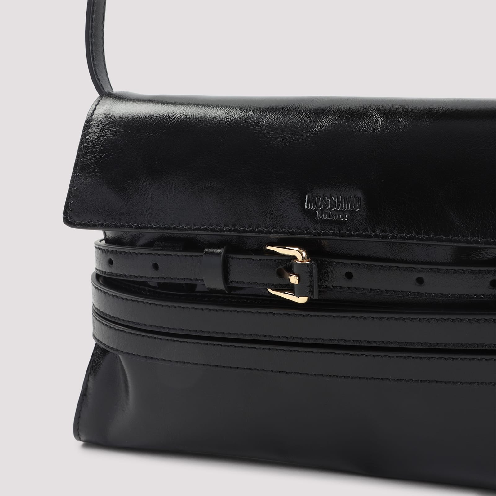 Moschino Structured Leather Shoulder Bag With Adjustable Strap In Black