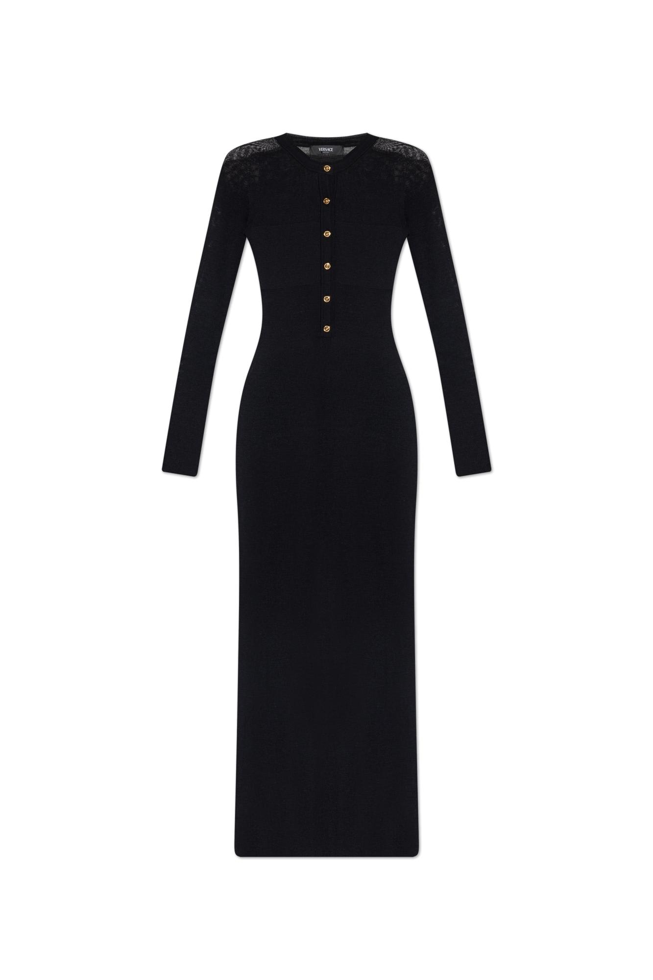 Versace Long Fitted Wool Dress With Gold-tone Button In Blue