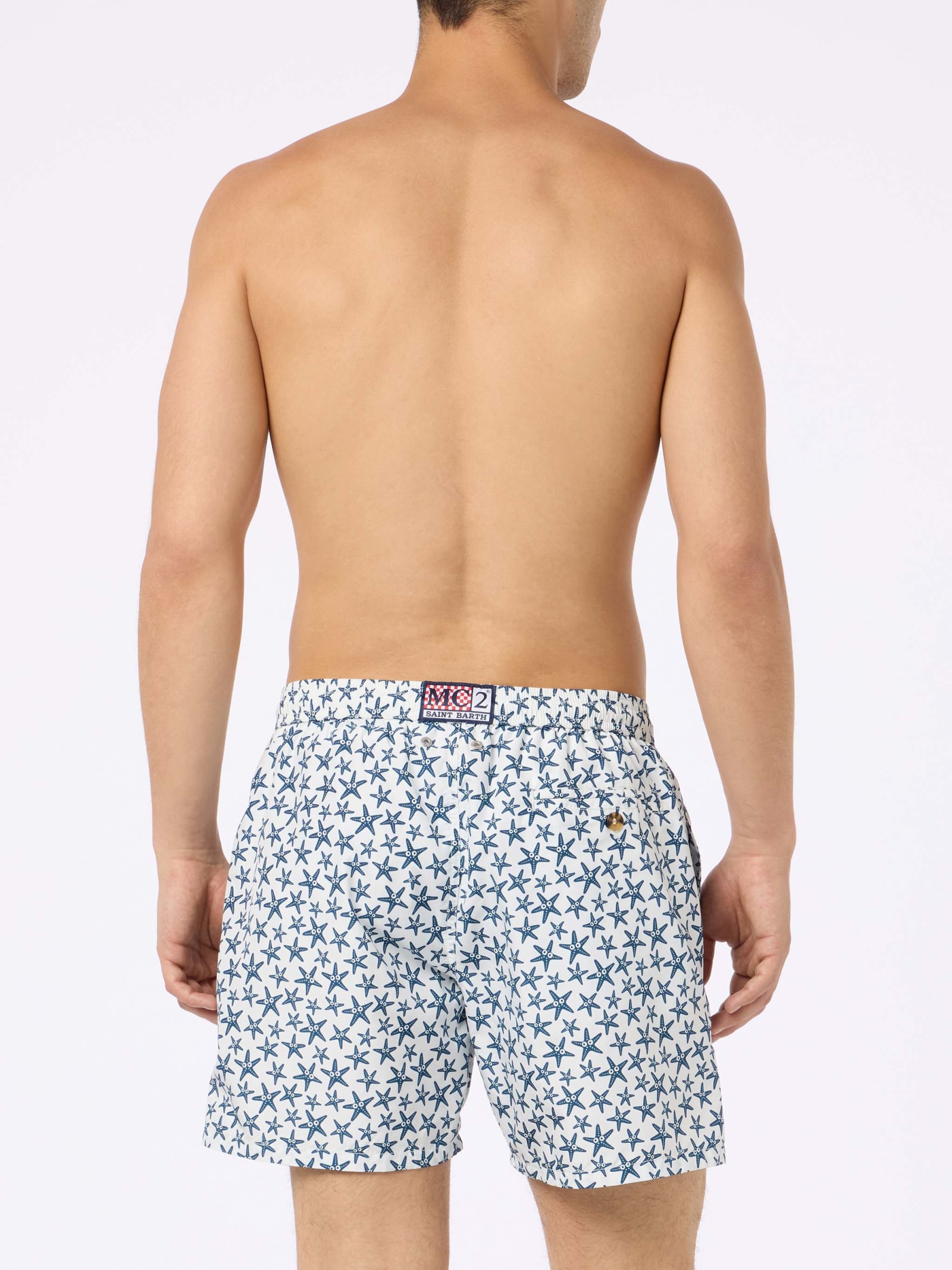 Mc2 Saint Barth Man Lightweight Fabric Swim-shorts Lighting Micro Fantasy With Starfishes Print In White