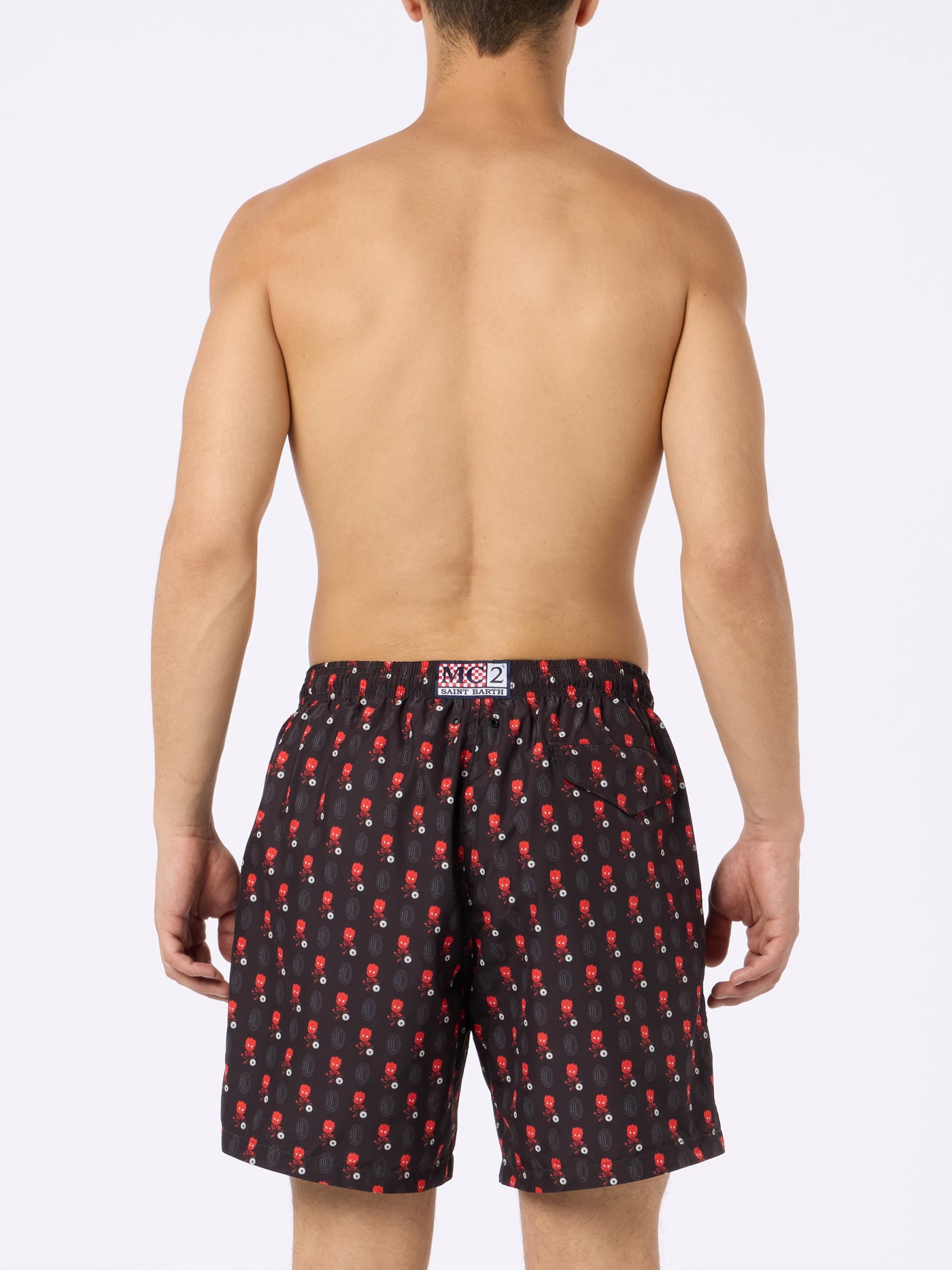 Mc2 Saint Barth Man Lightweight Fabric Swim Shorts With Milan Logo Print And Patch Ac Milan Special Edition In Black