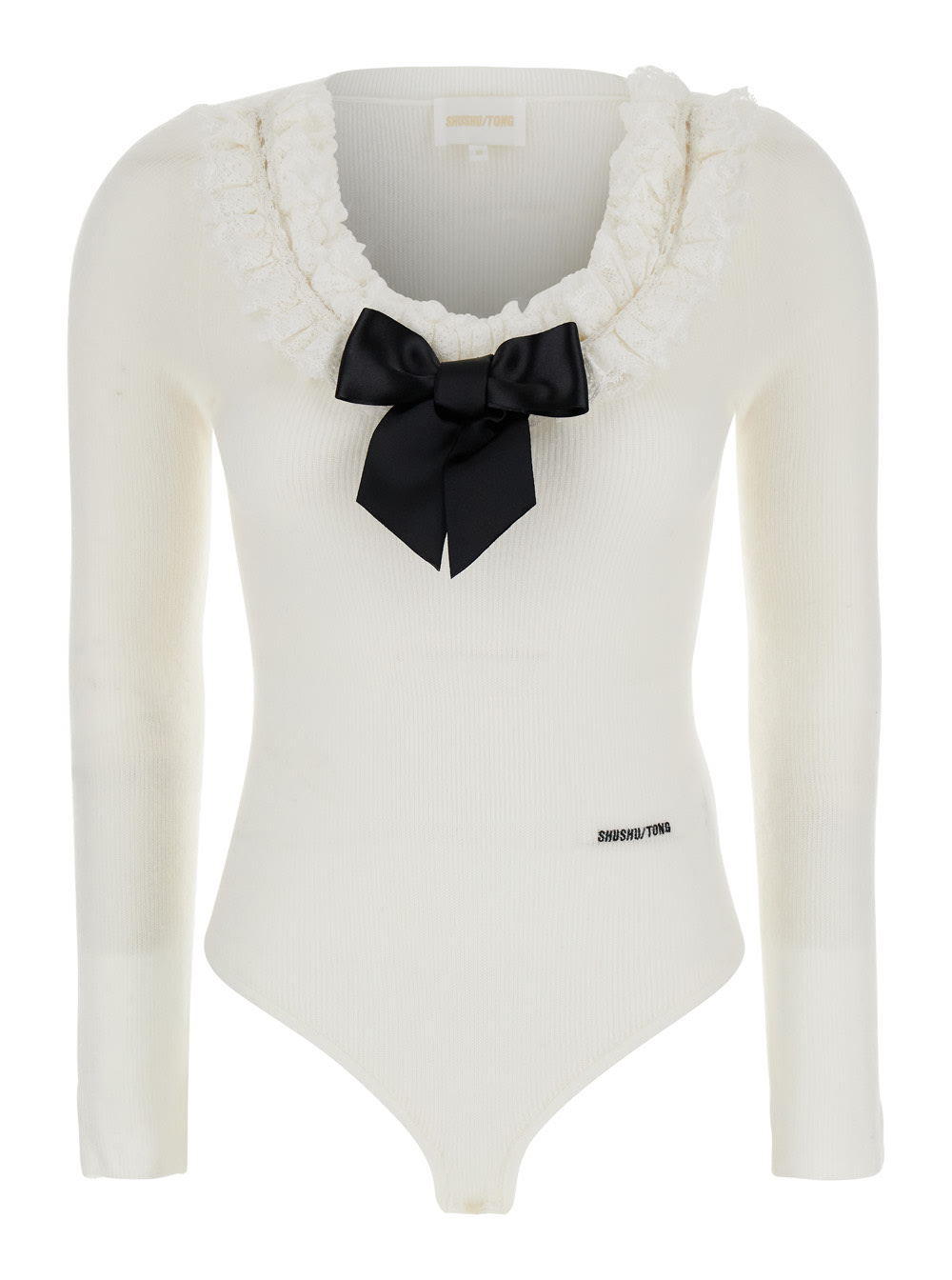 Shushu-tong White Bodysuit With Decorated Neckline And Front Logo In Wool Blend Woman In White