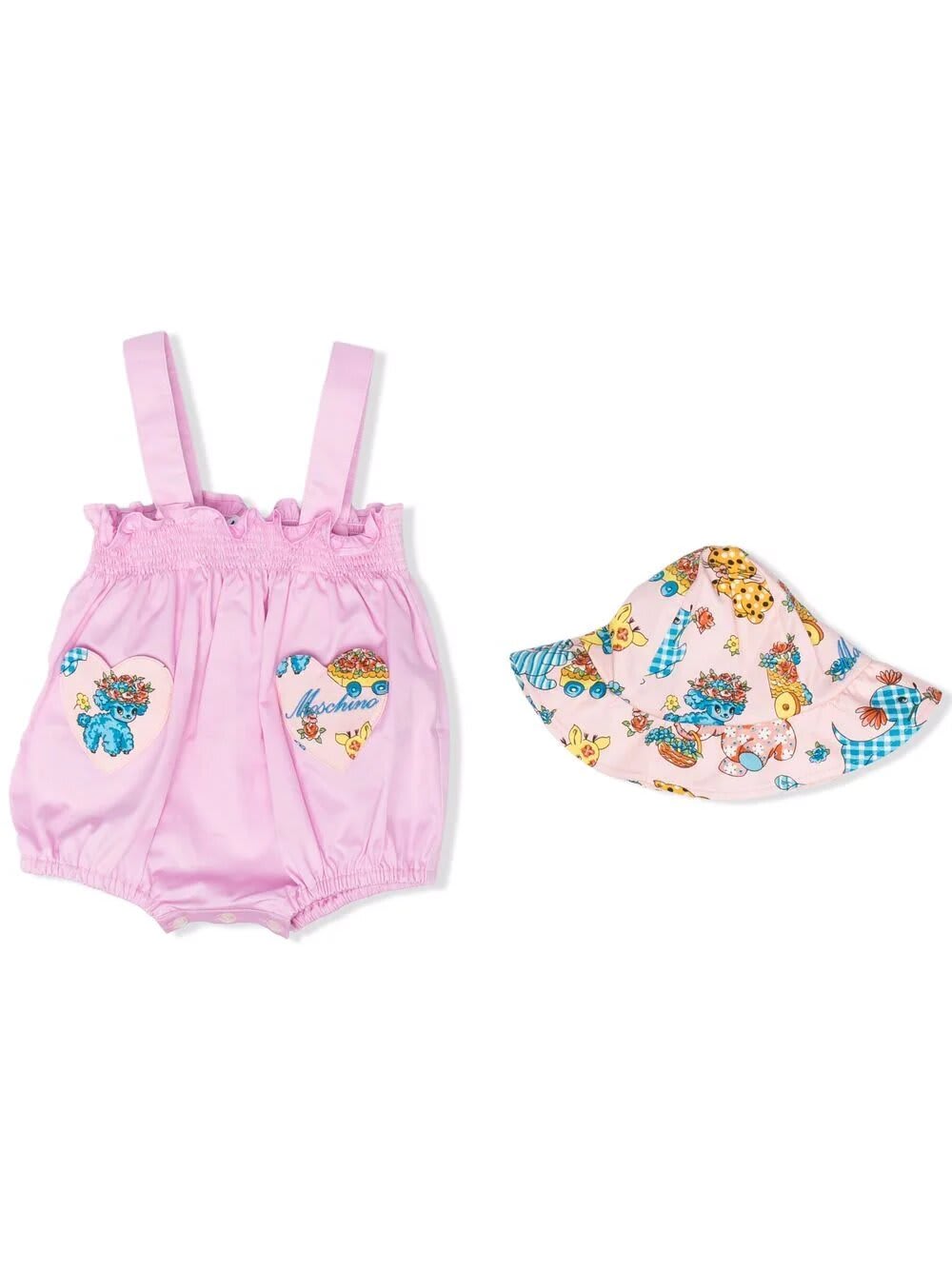 Moschino Baby Set With Pink Shorts With Suspenders And Hat With Calico Animals Print