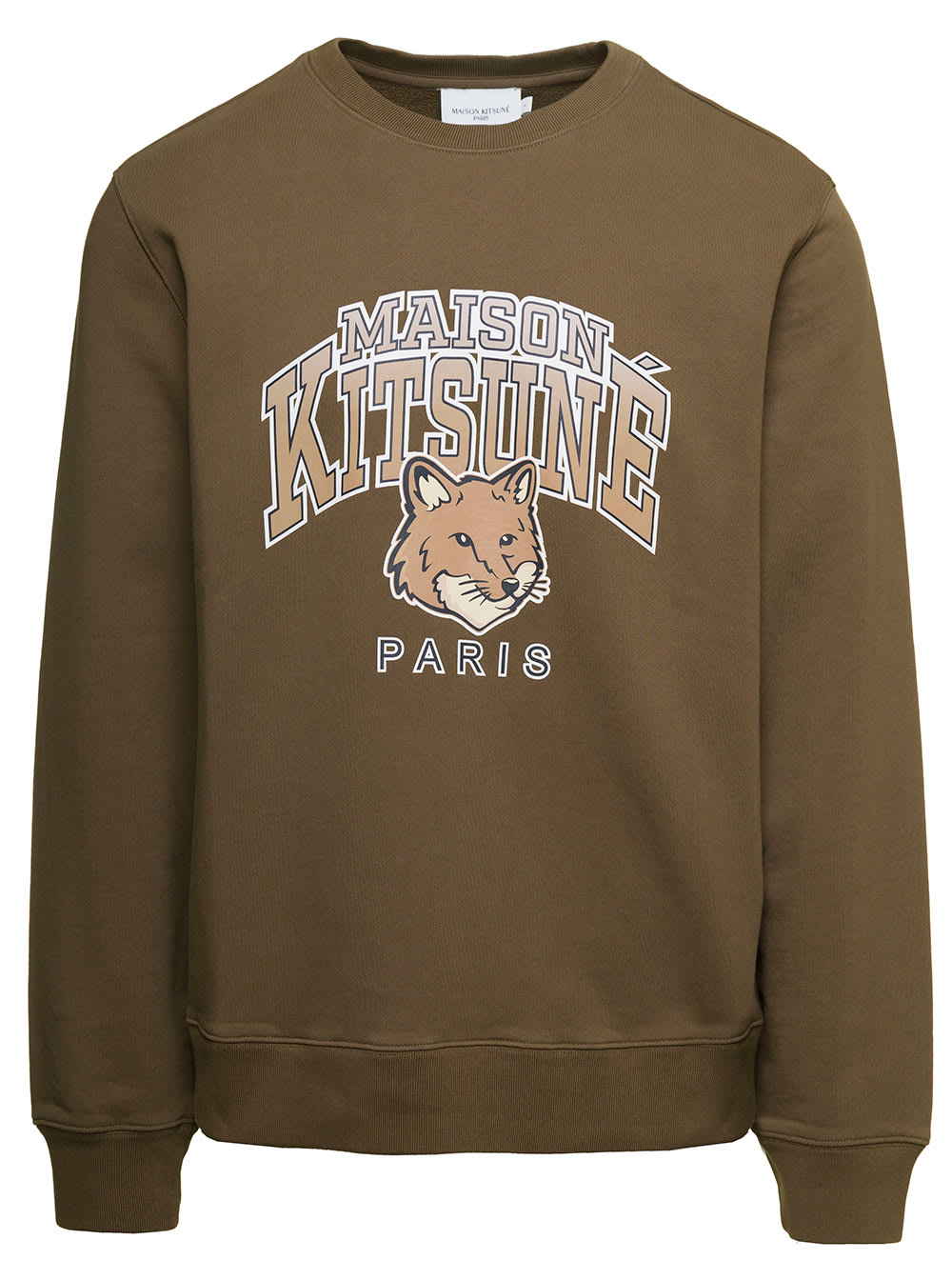 MAISON KITSUNÉ CREWNECK SWEATSHIRT WITH FRONT LOGO PRINT IN BROWN COTTON MAN