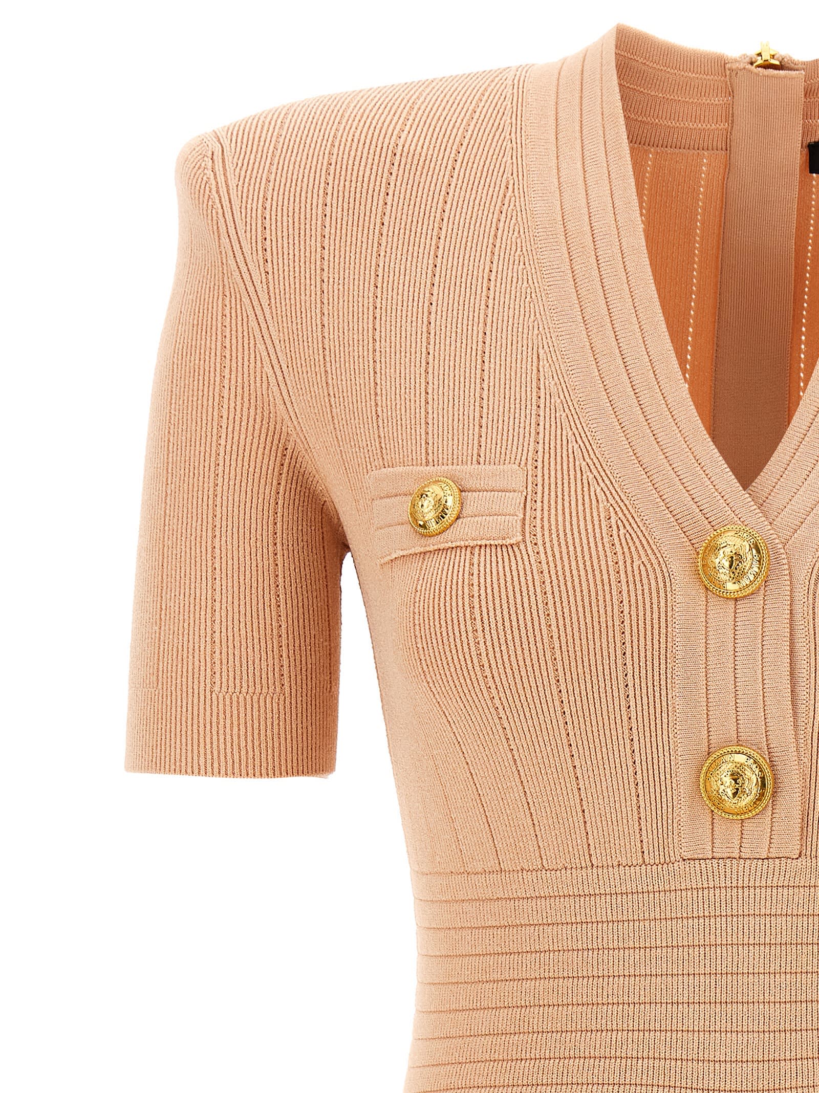Balmain Pink Ribbed Knit Mini Dress In Pink
