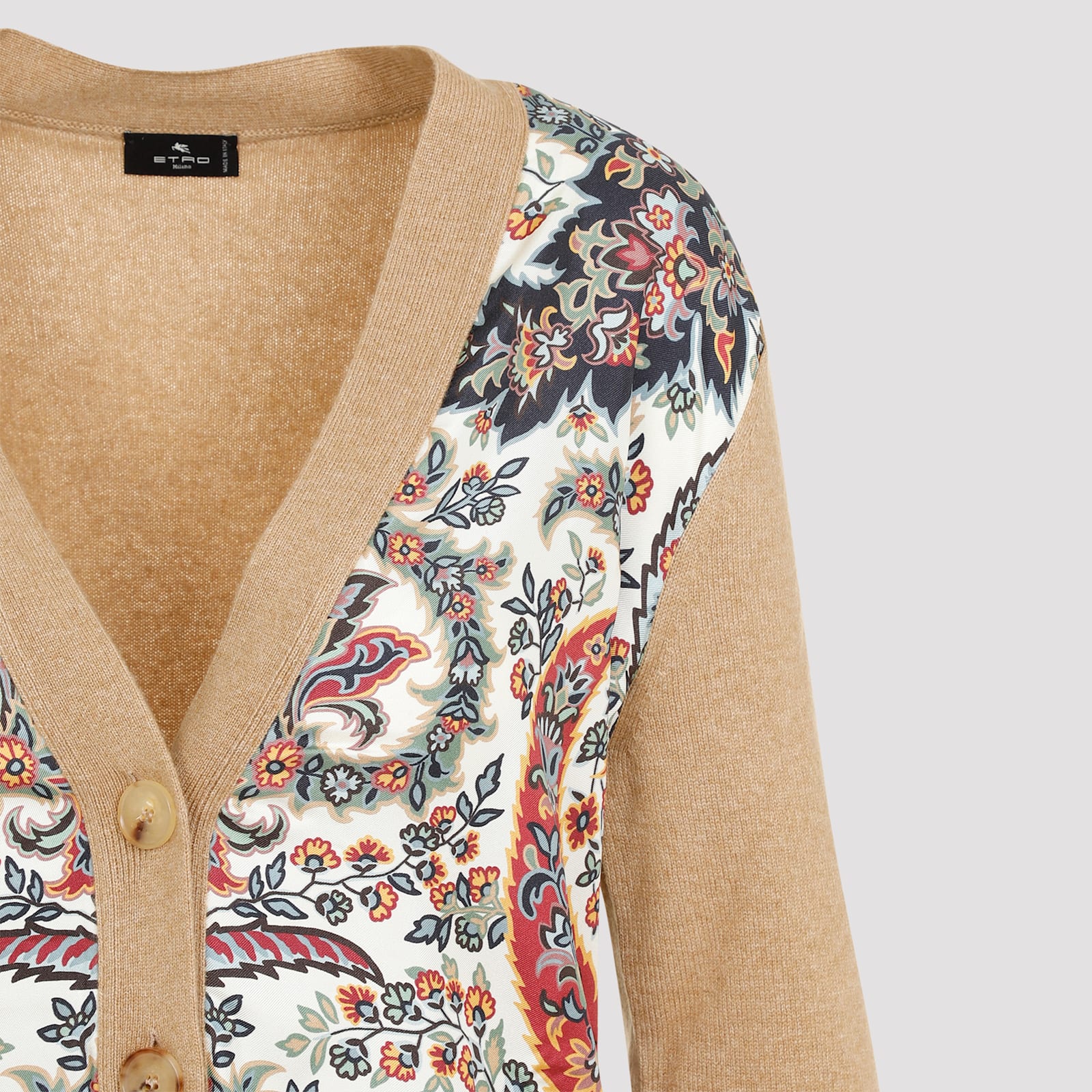 Etro Paisley Print Wool Blend Cardigan In Camel