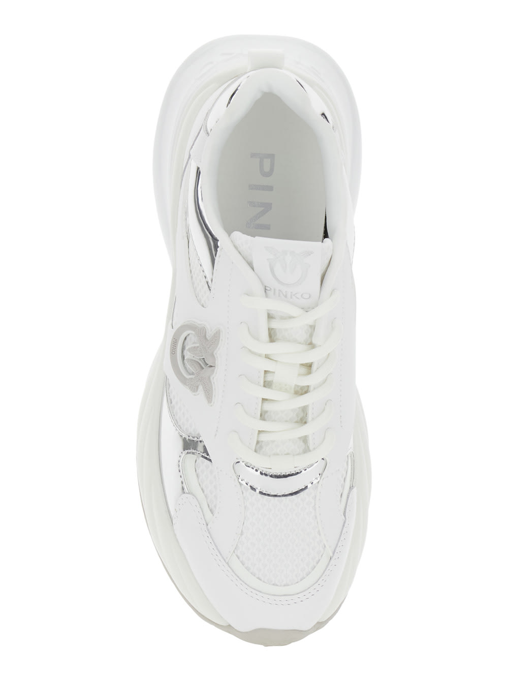 Pinko Ariel 15 White Sneakers With Mirror Panels And Logo Patch On The Tongue In Tech Fabric Woman In White