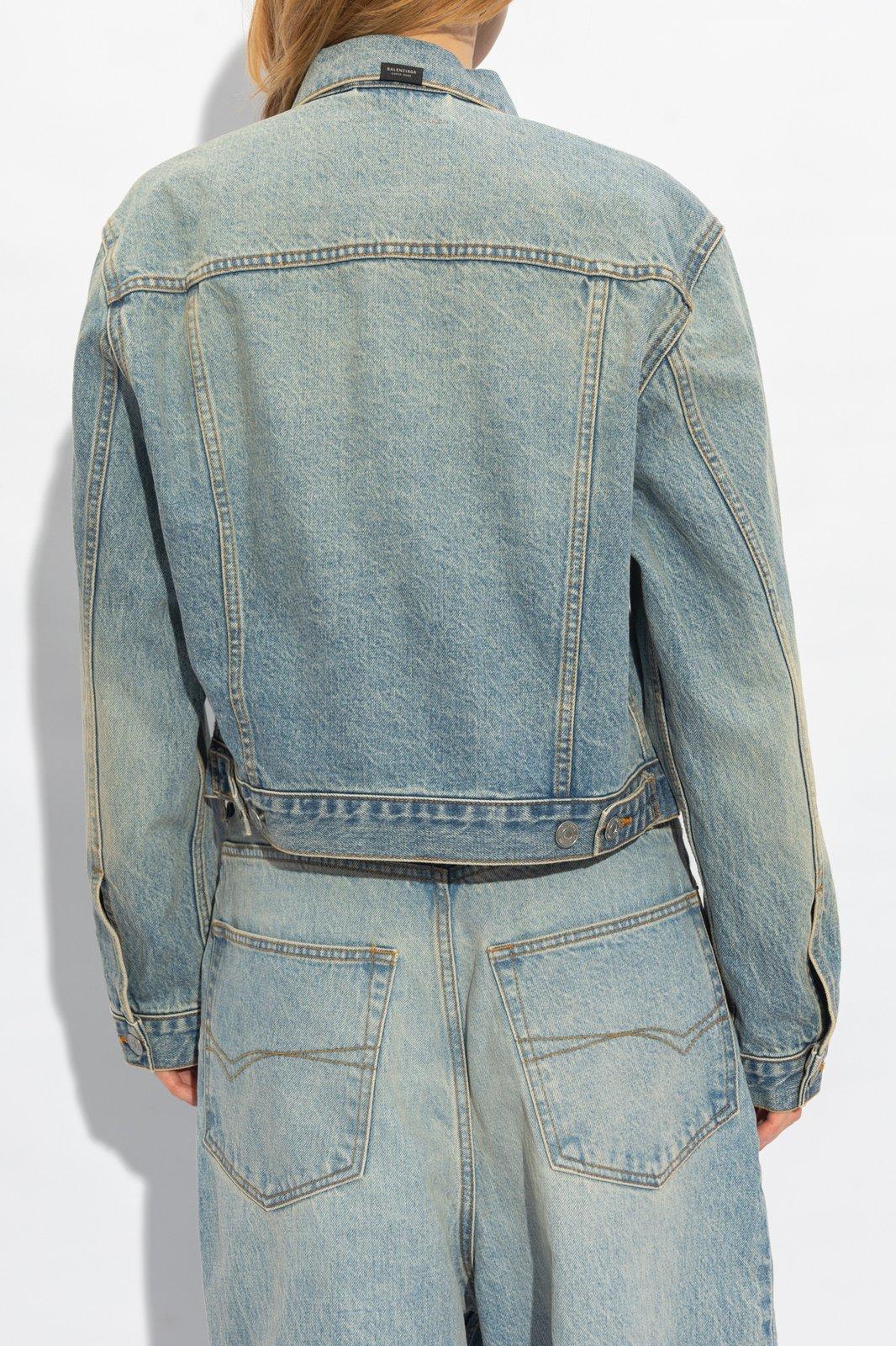Balenciaga Light Blue Cropped Jacket With Logo Patch At The Back In Cotton Denim Woman In Blue