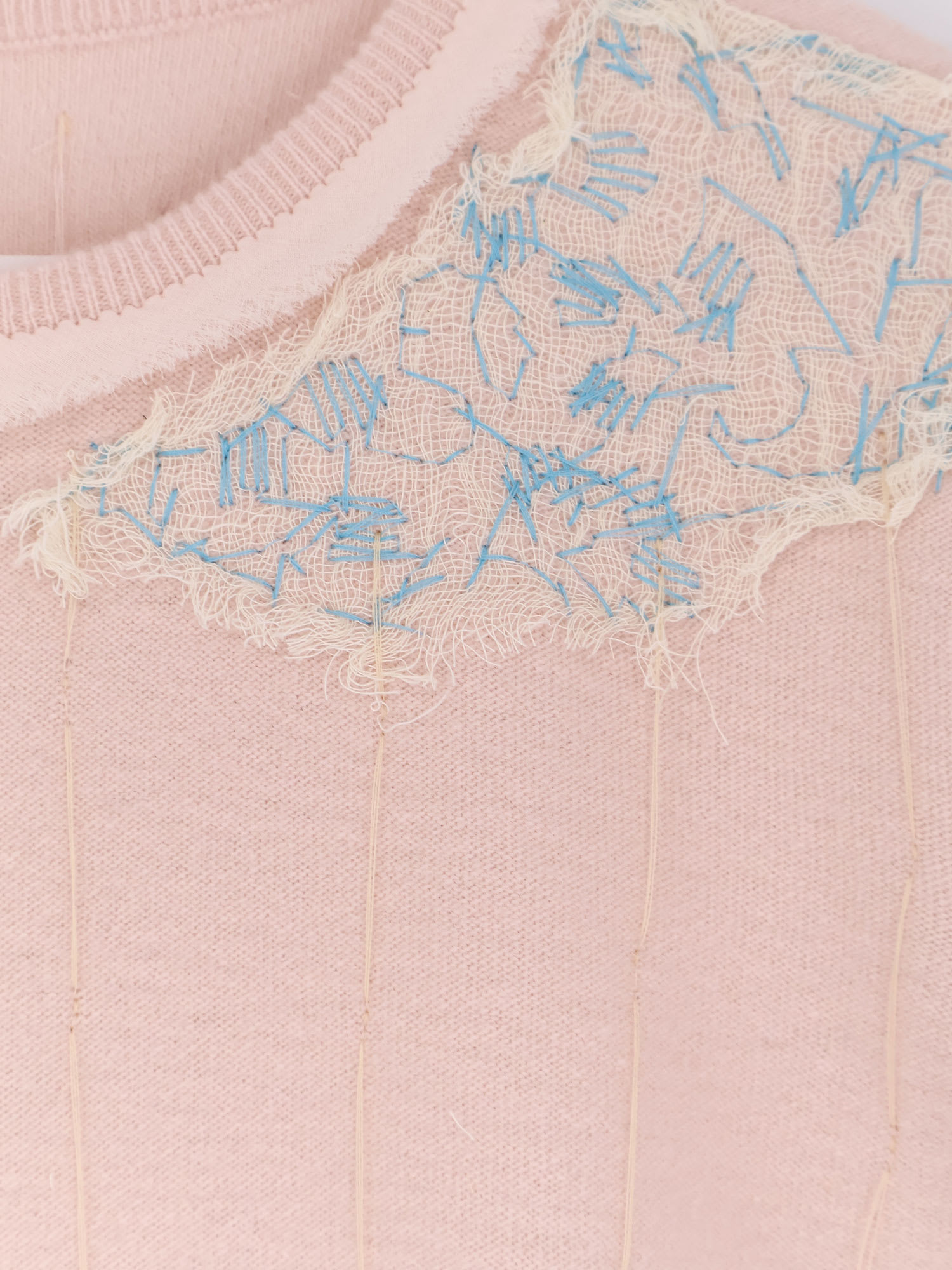 Maison Margiela Handcrafted Wool Sweater With Lace And Ribbed Hem In Pink