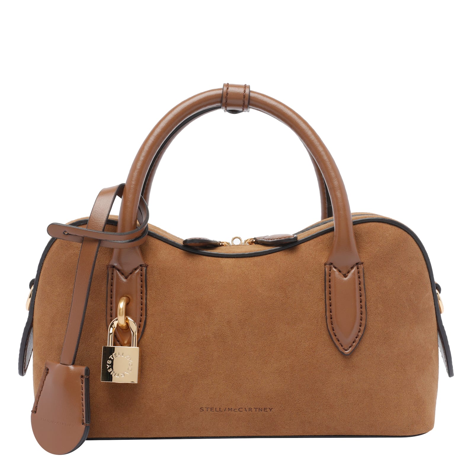 Stella Mccartney Suede Shoulder Bag With Top Handle And Padlock Detail In Neutral