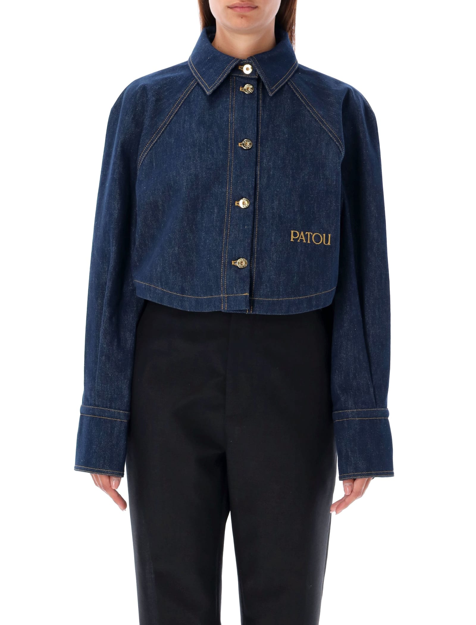 Shop Patou Cropped Denim Shirt In Blue