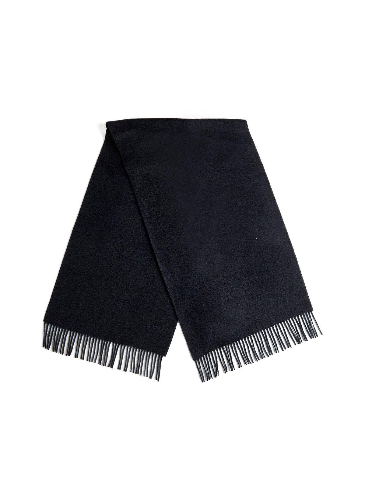 Shop Zegna Logo Embroidered Fringed Edge Scarf