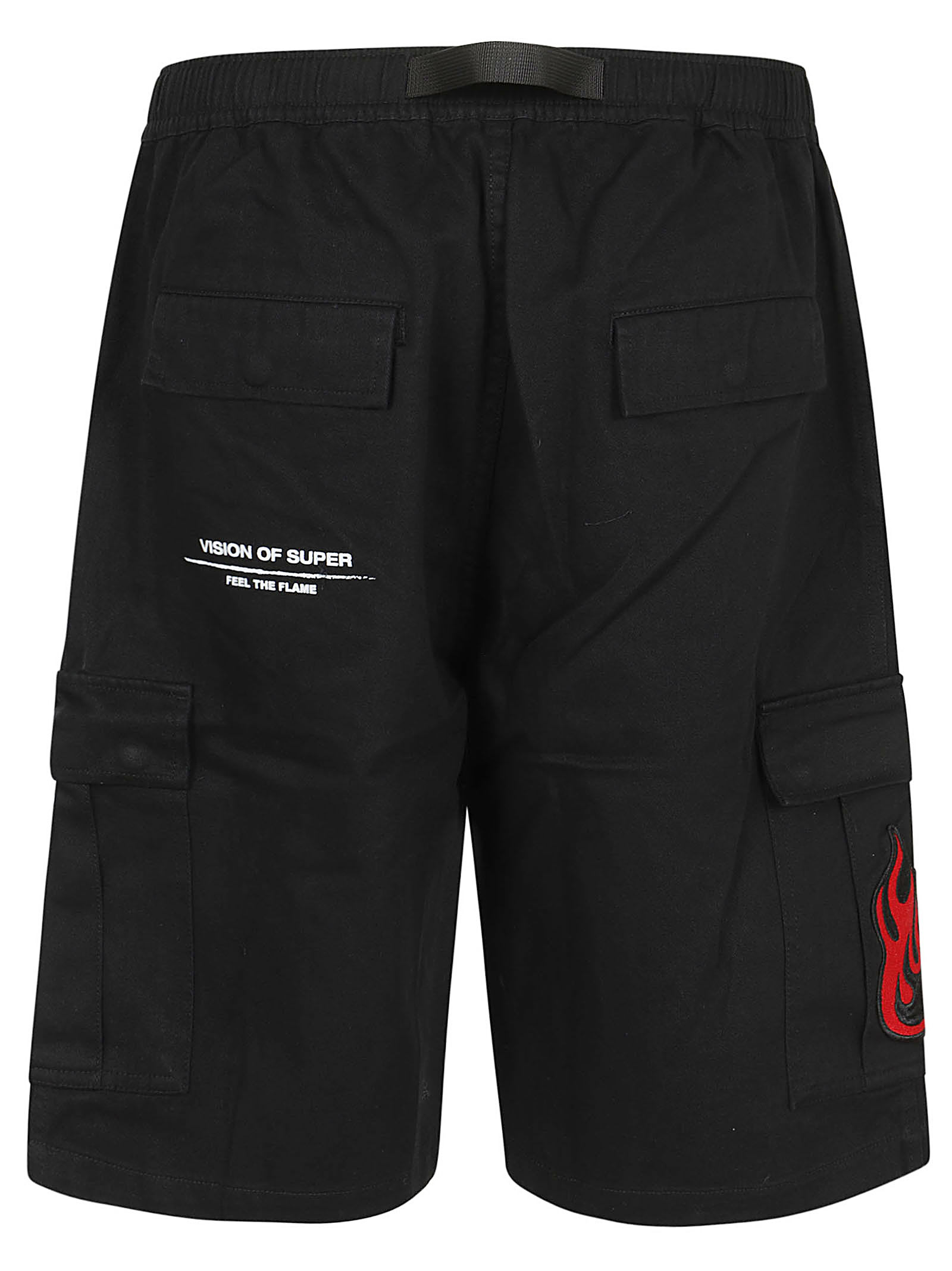 Shop Vision Of Super Black Cargo Shorts With Flames Patch And Printed Logo