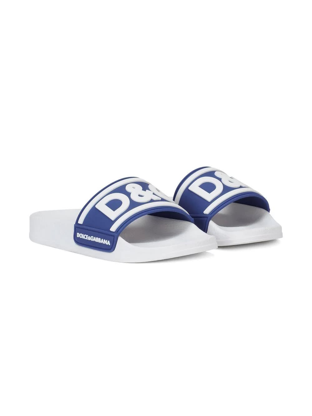 Shop Dolce & Gabbana White And Blue Rubber Slide With Logo Print