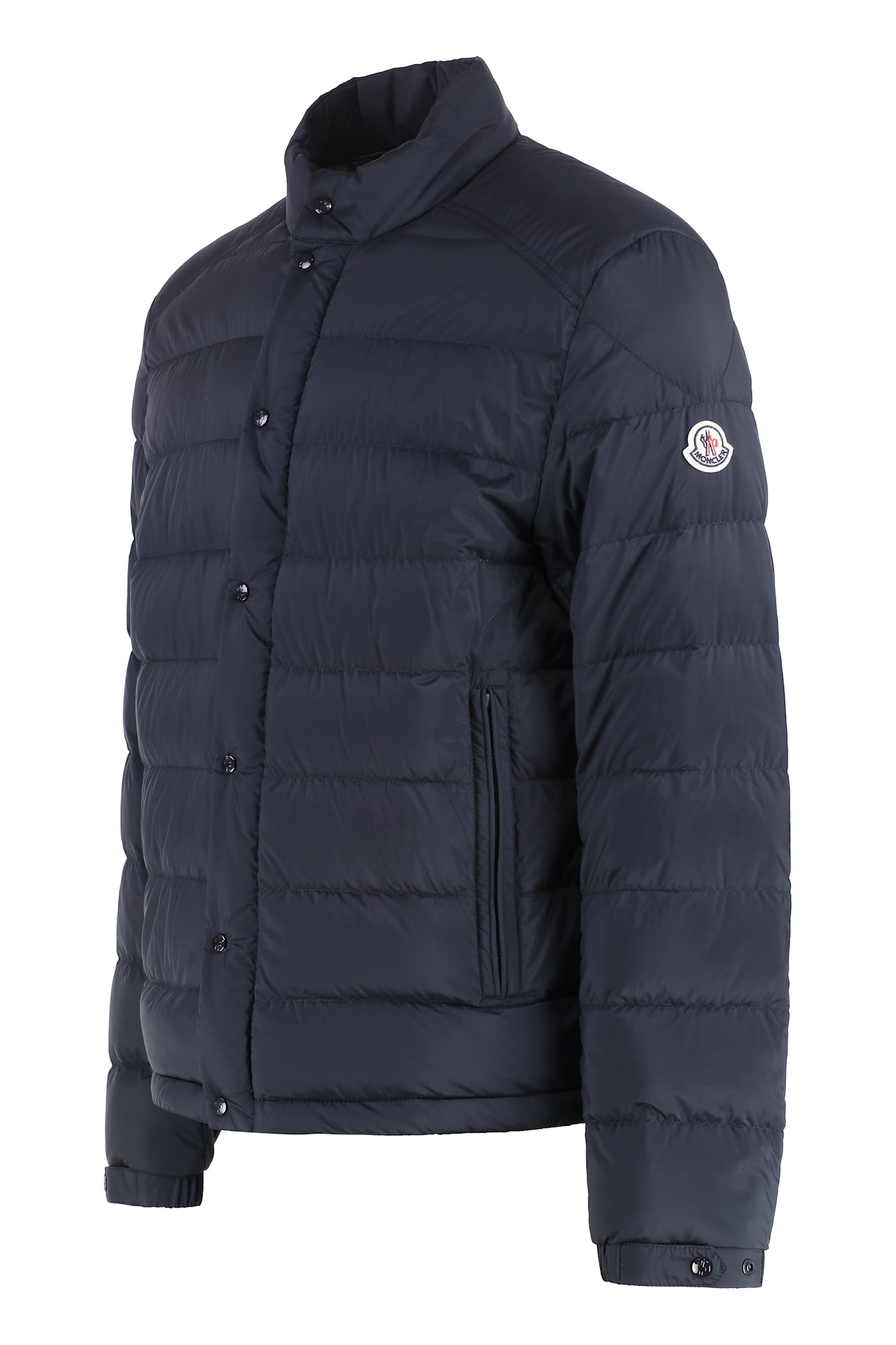 Moncler Padded High Collar Snap Button Down Jacket In Blue