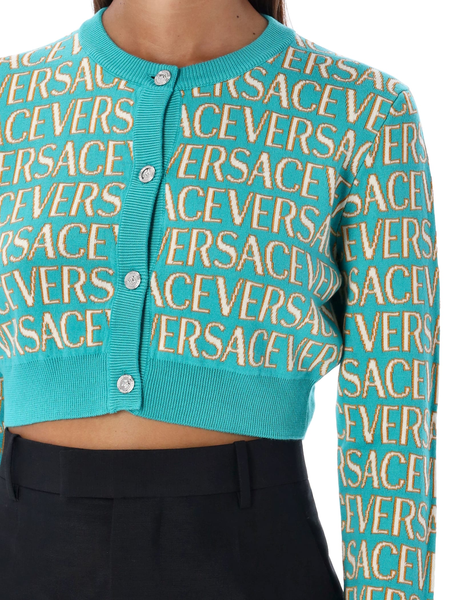Shop Versace Allover Knit Cardigan In Turquoise