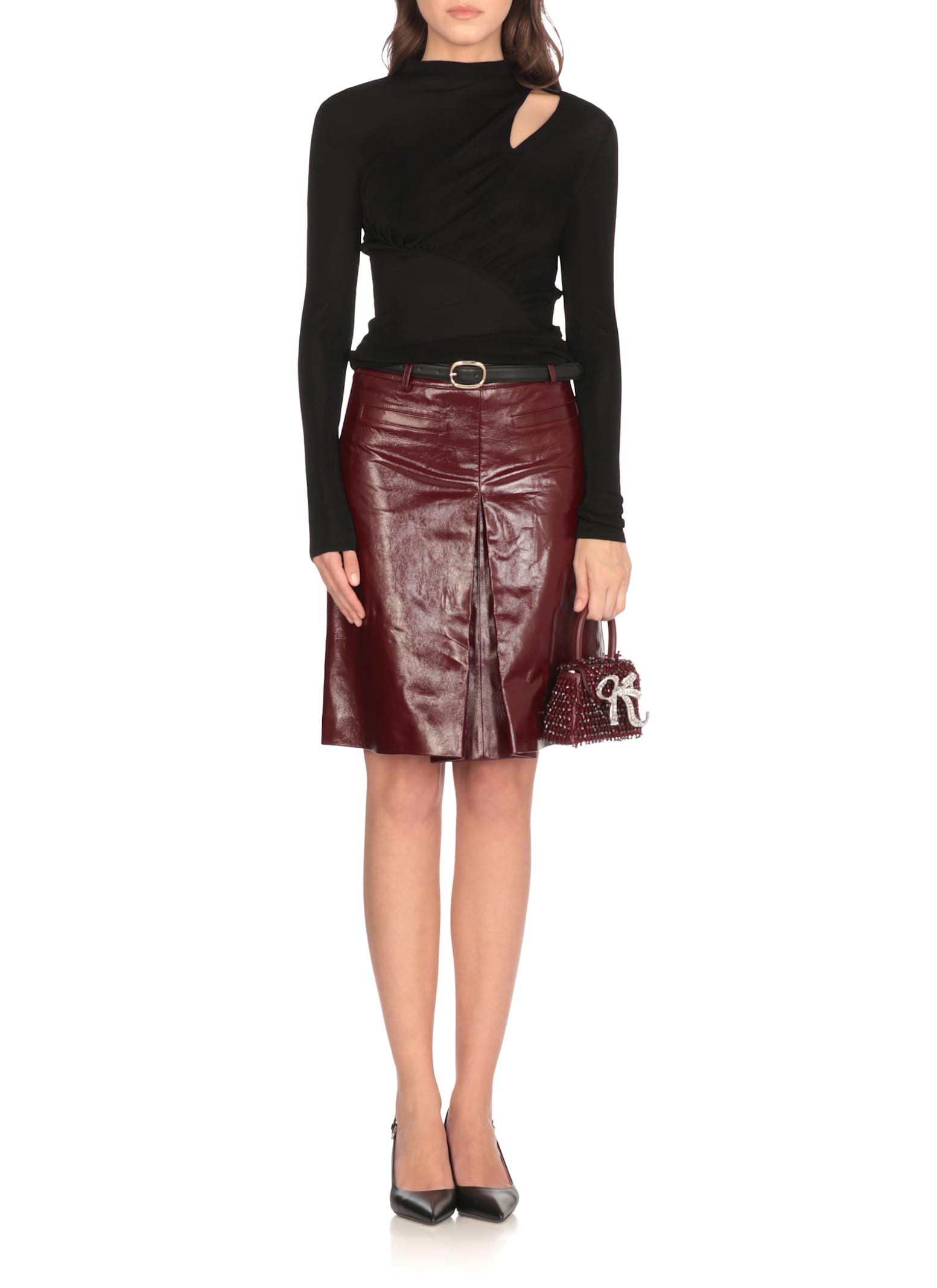 Self-portrait Belted Patent Leather Miniskirt In Burgundy