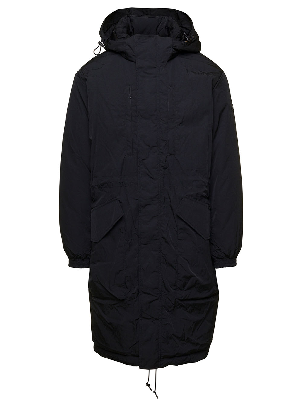 rengo Black Hooded Parka Jacket With Logo Patch In Nylon Man