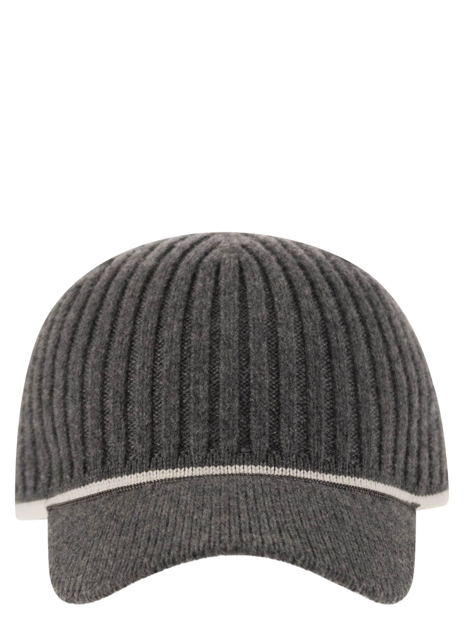 Shop Brunello Cucinelli Ribbed Virgin Wool, Cashmere And Silk Knit Baseball Cap With Jewel In Anthracite