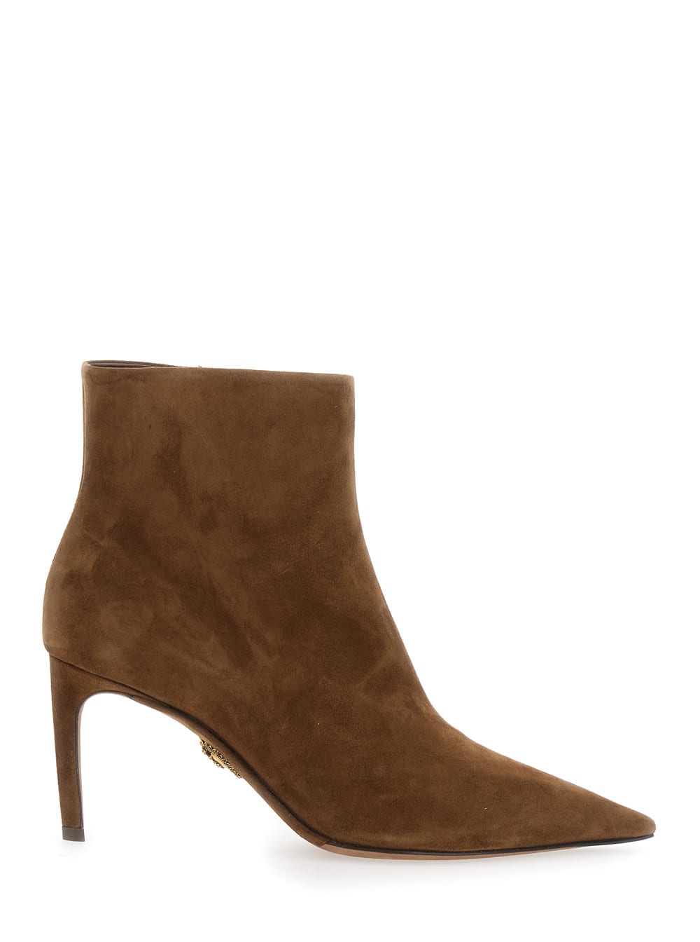 Dolce & Gabbana Brown Ankle Boots With Pointed Toe And Metallic Logo In Suede Woman In Brown