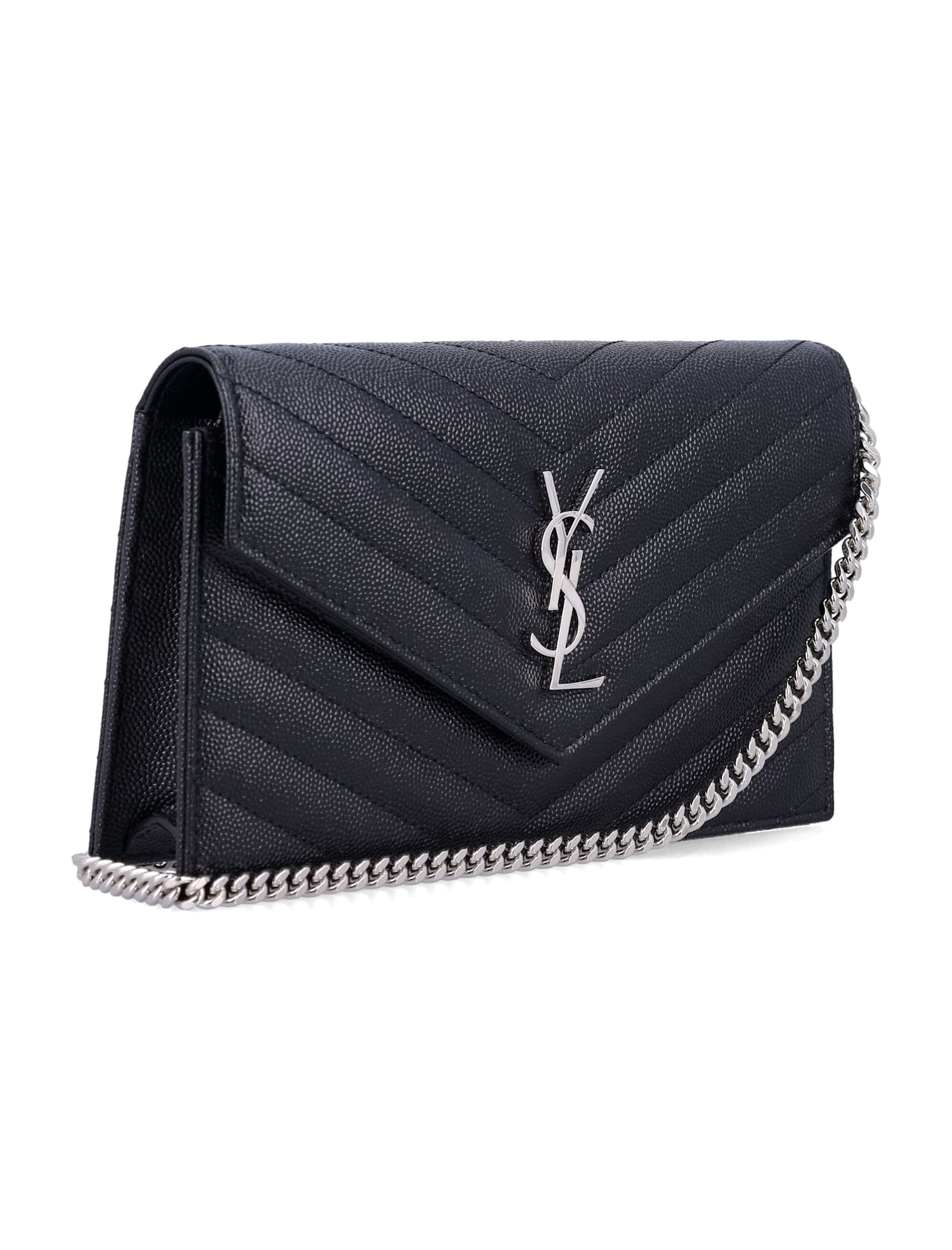 Saint Laurent Cassandre Envelope Chain Wallet In Grain De Poudre Leather In Black