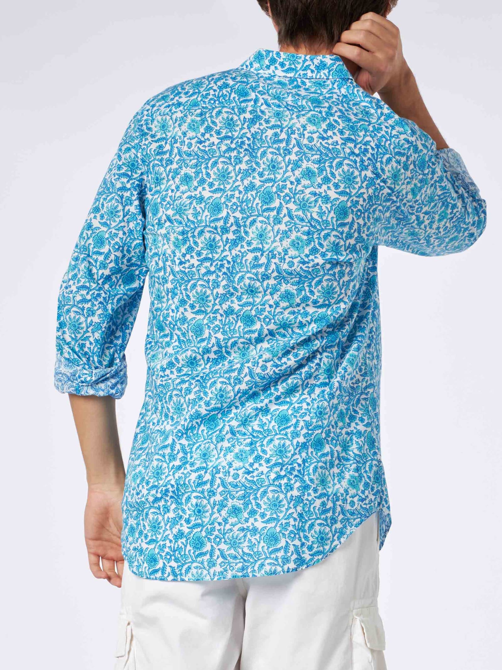 Mc2 Saint Barth Man Muslin Cotton Sikelia Shirt Flower Print In White