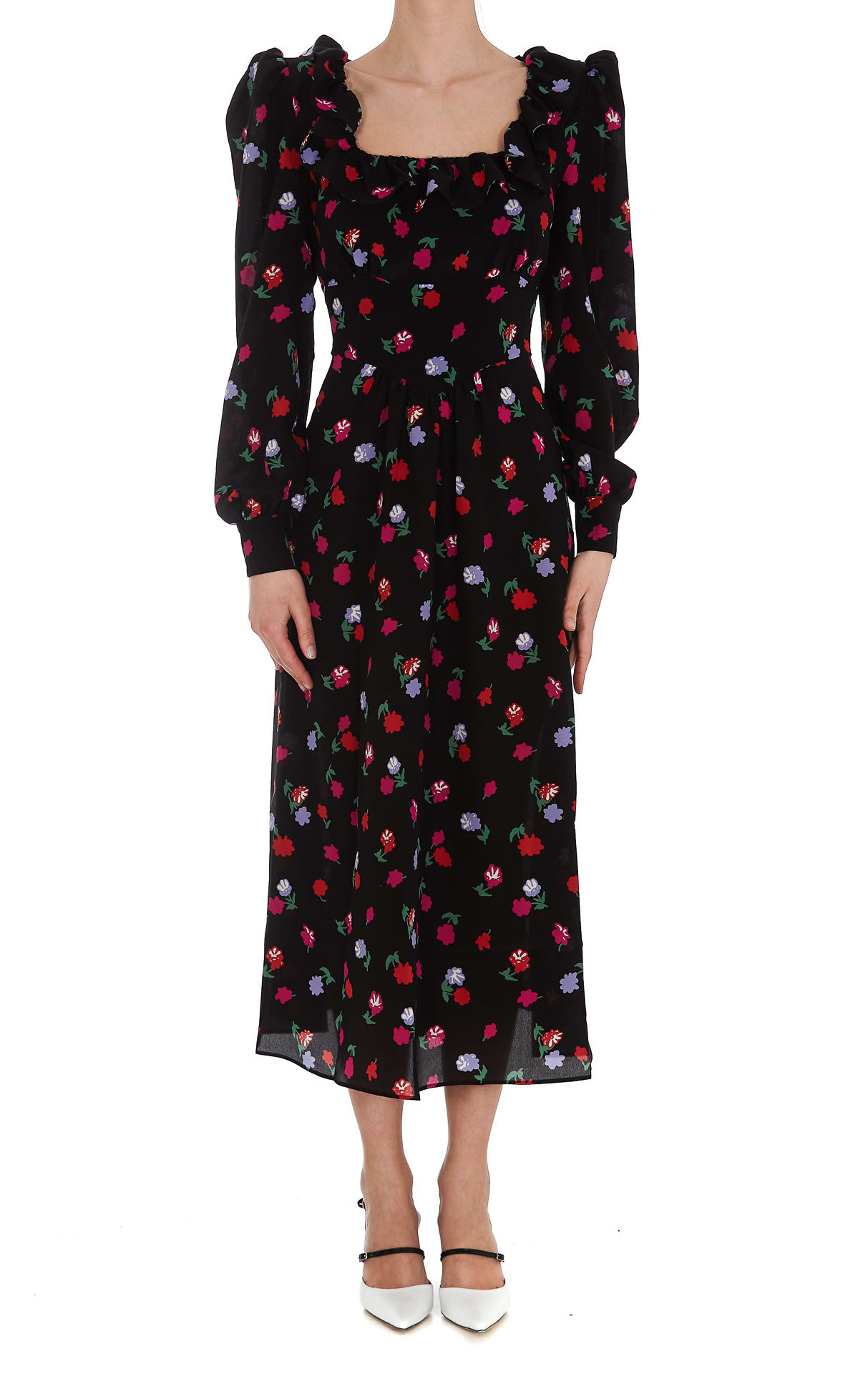 Alessandra Rich Floral Print Silk Dress With Ruffles
