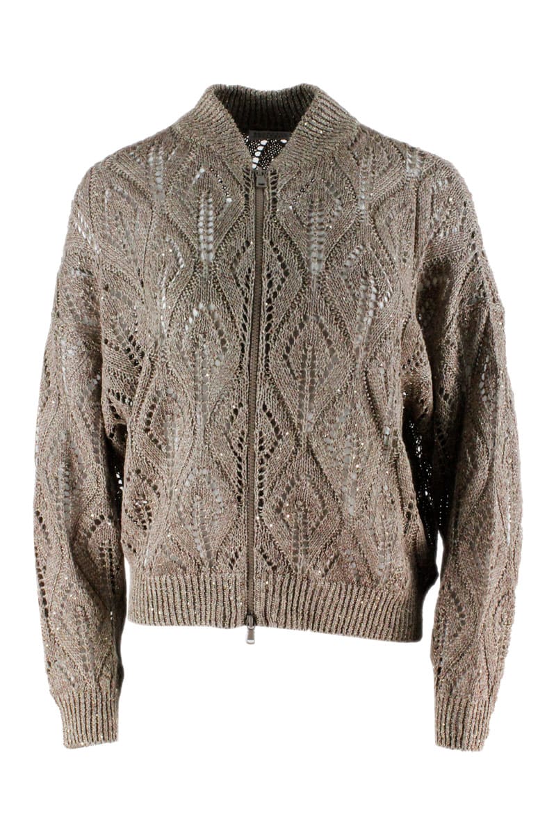 Brunello Cucinelli Cardigan Sweater With Zip And Sequins In Linen And Cotton For A Three-dimensional And Shiny Effect