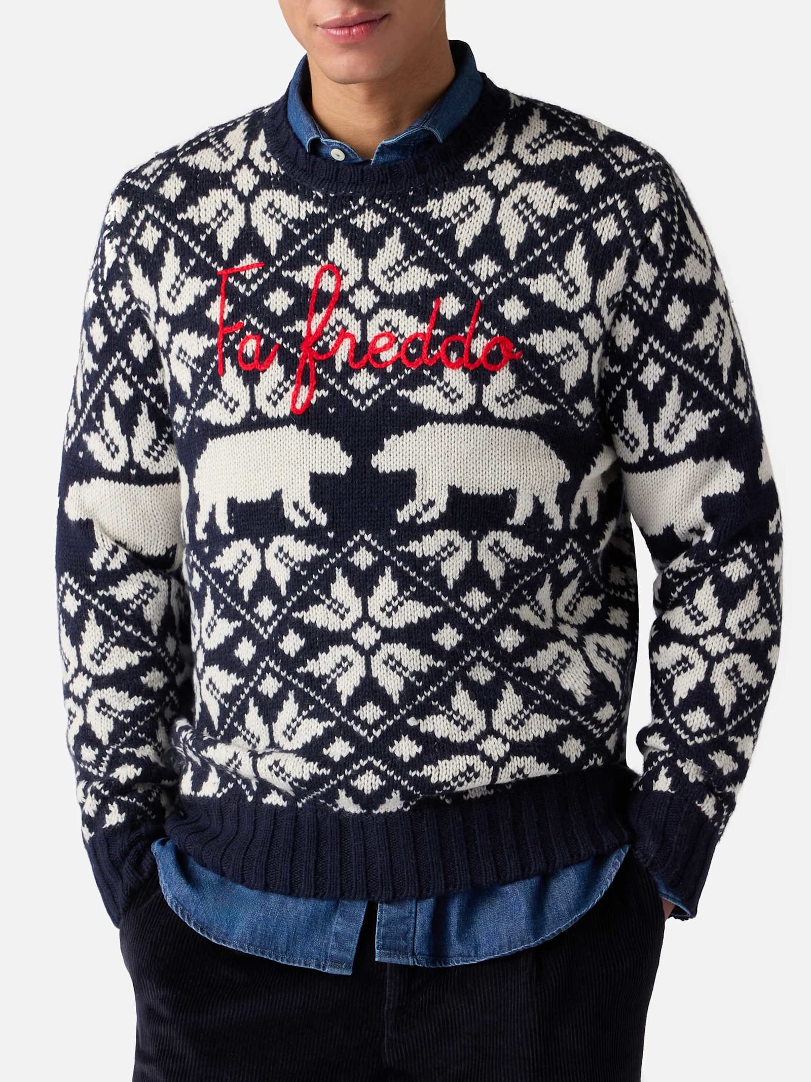 MC2 Saint Barth Man Sweater Bombardino With Norwegian Jacquard And Fa Freddo Embroidery