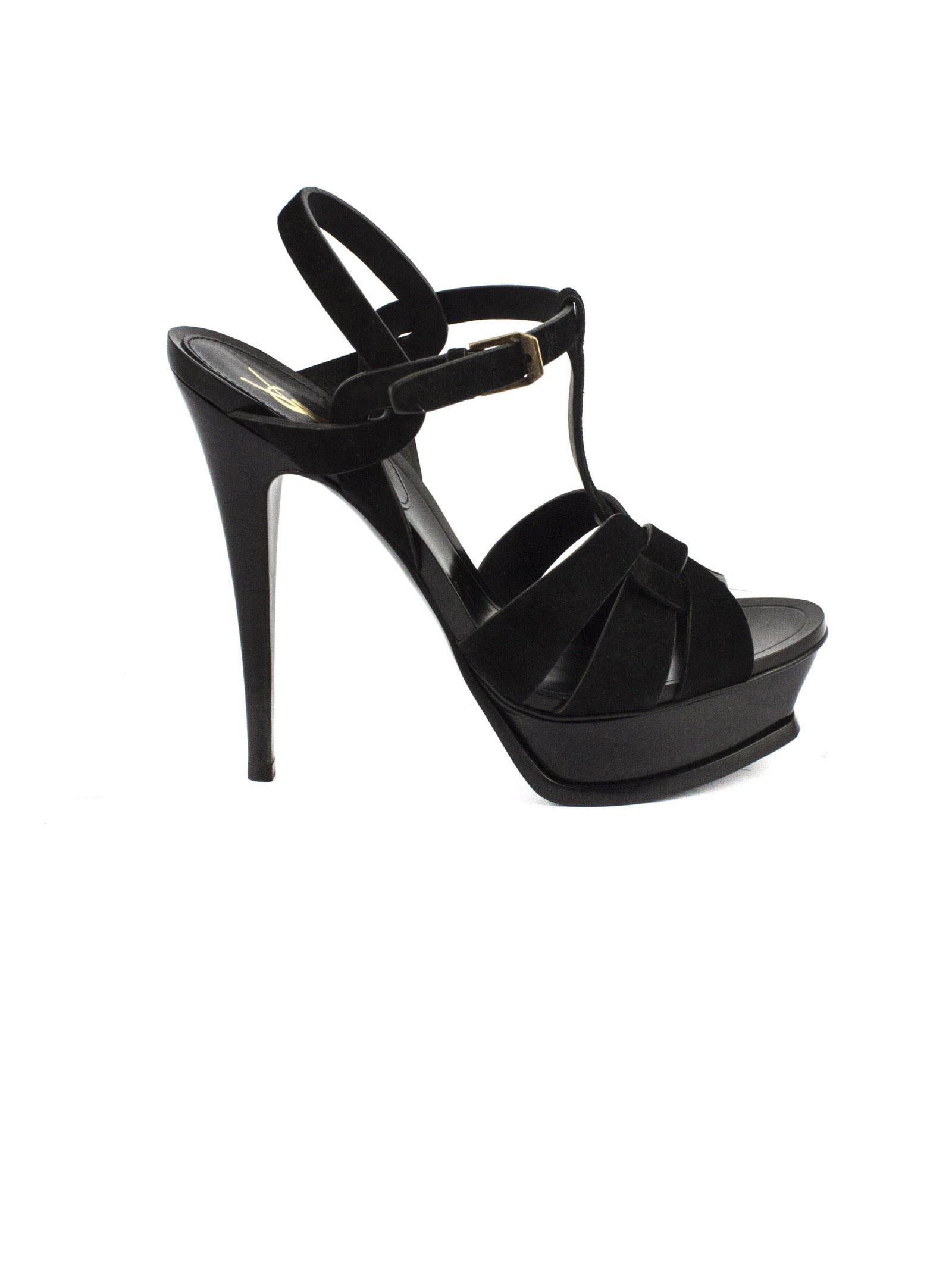 Buy Saint Laurent Black Suede Tribute Sandal online, shop Saint Laurent shoes with free shipping