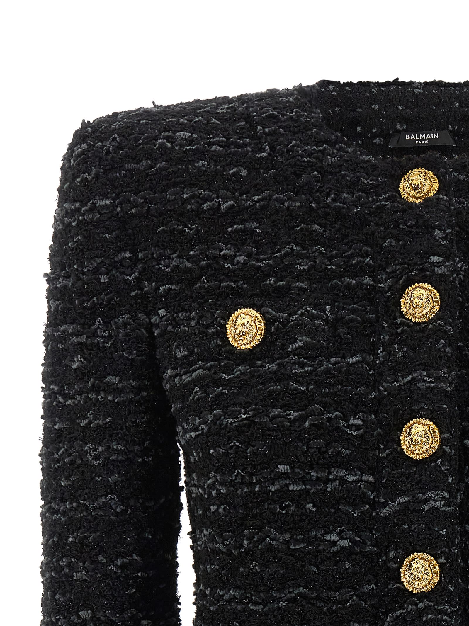 Balmain Tweed Button-up Jacket In Black