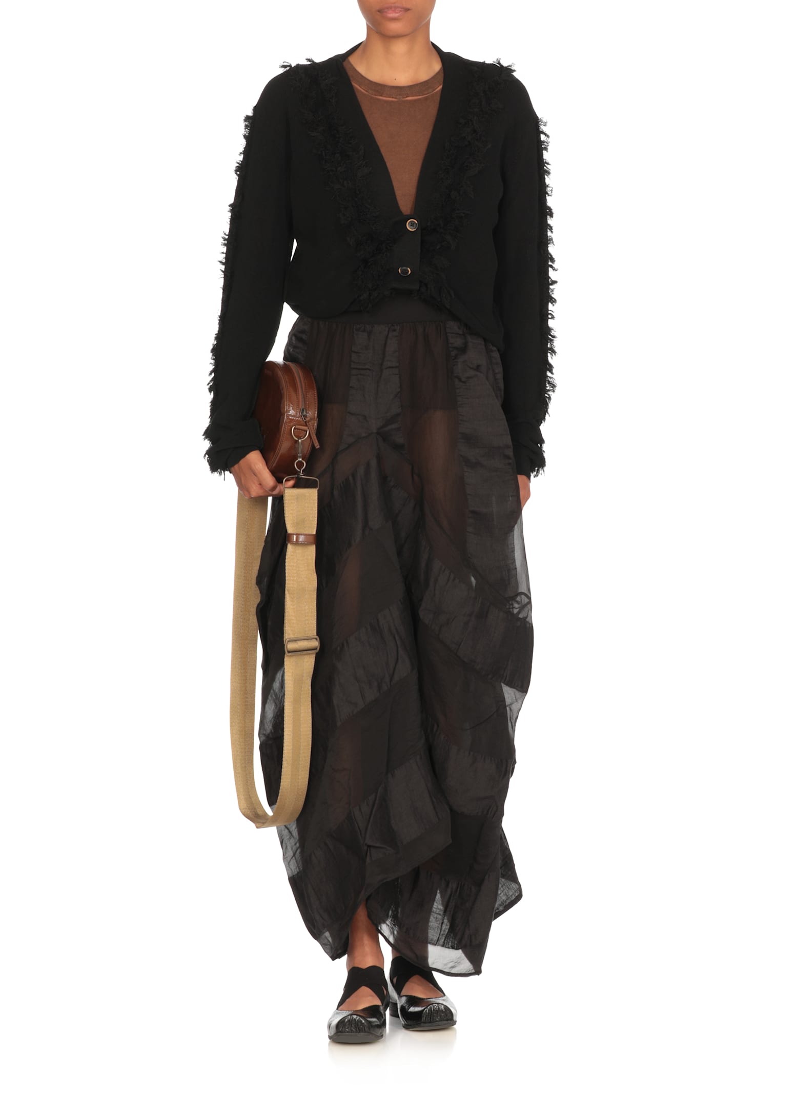 Uma Wang Textured Black Cotton Cardigan With Fringed Details In Black
