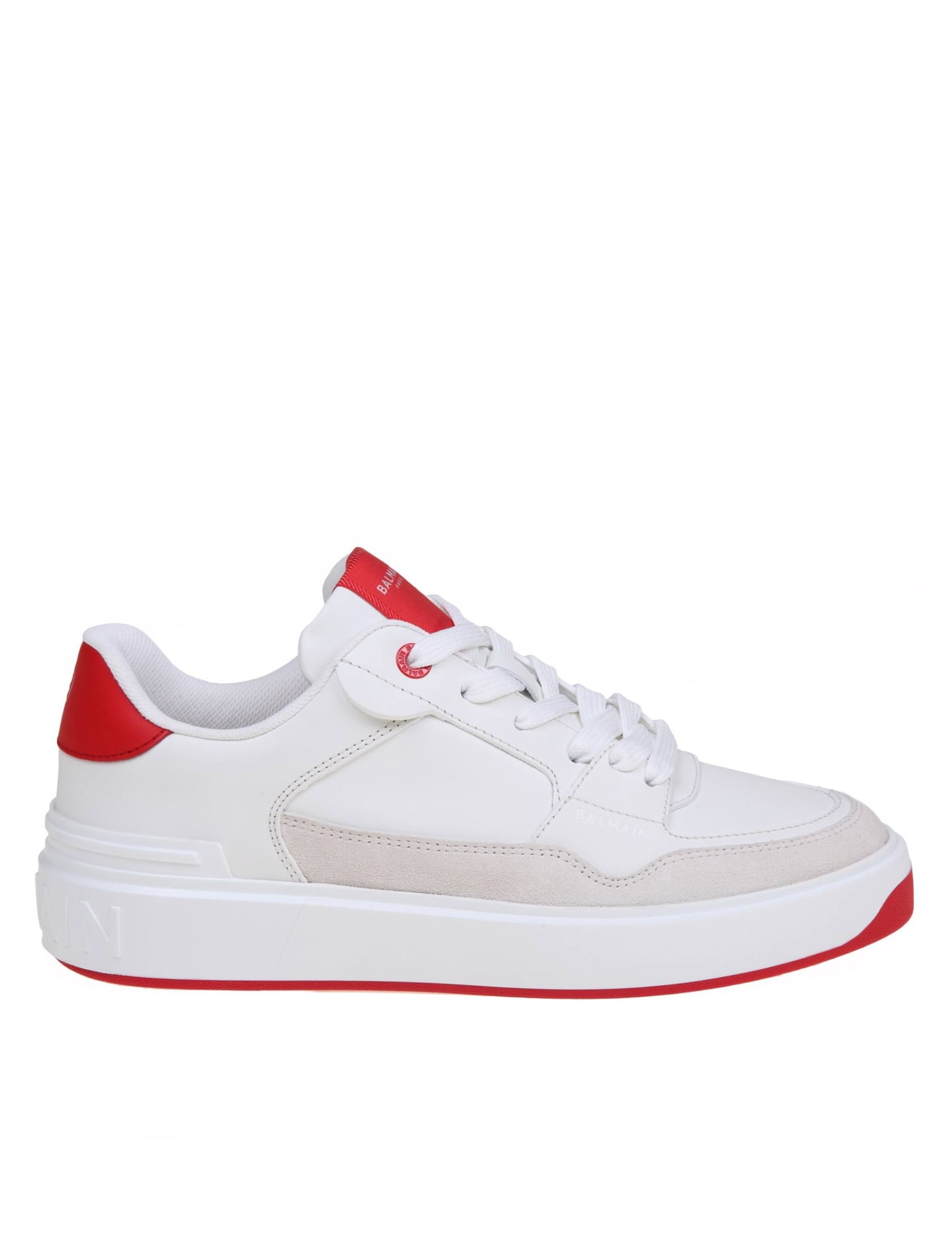 BALMAIN BALMAIN B-COURT FLIP SNEAKERS IN WHITE AND RED LEATHER
