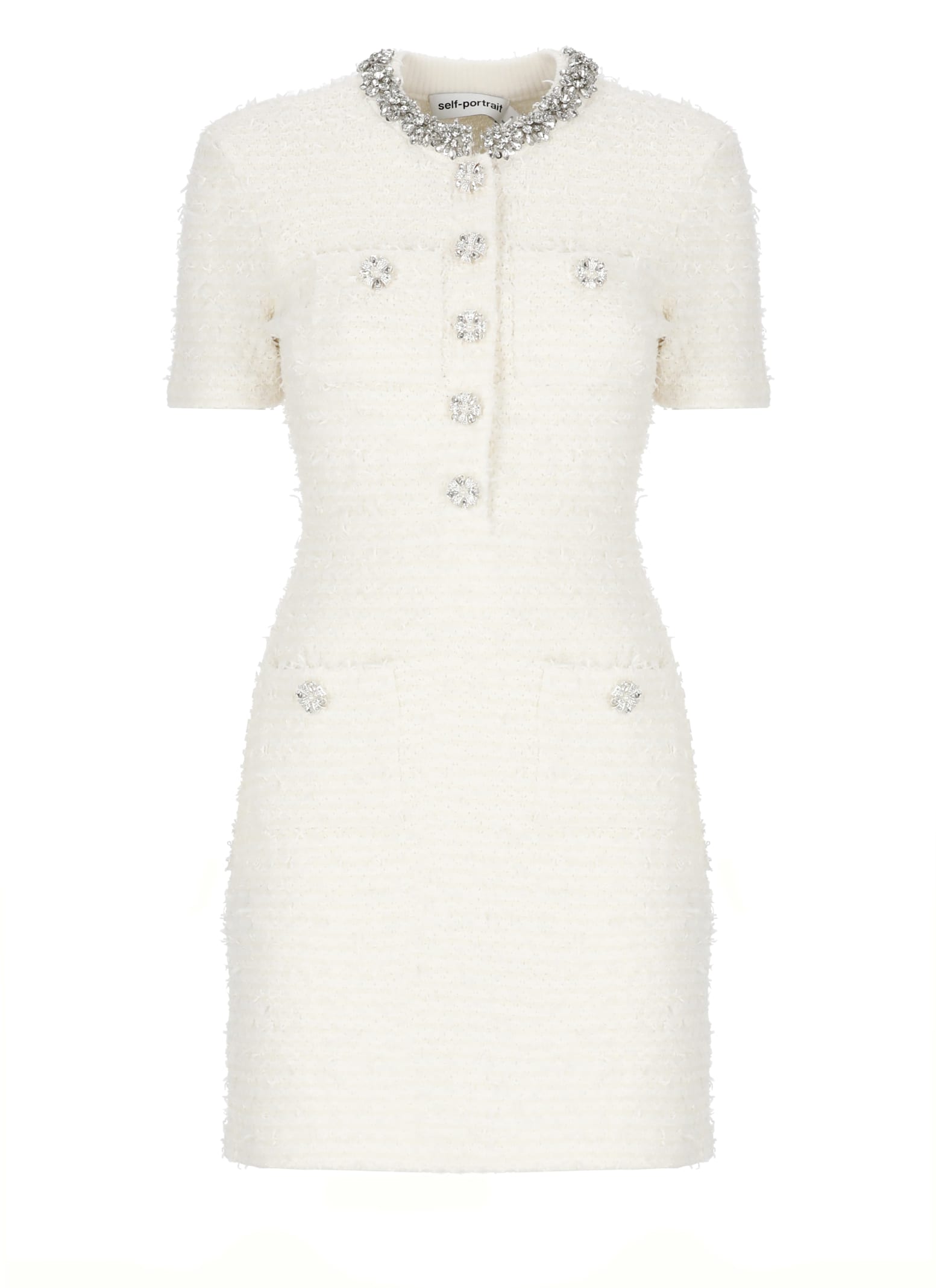 Self-portrait Knee Length Dress With Crew Neck And Pockets In White