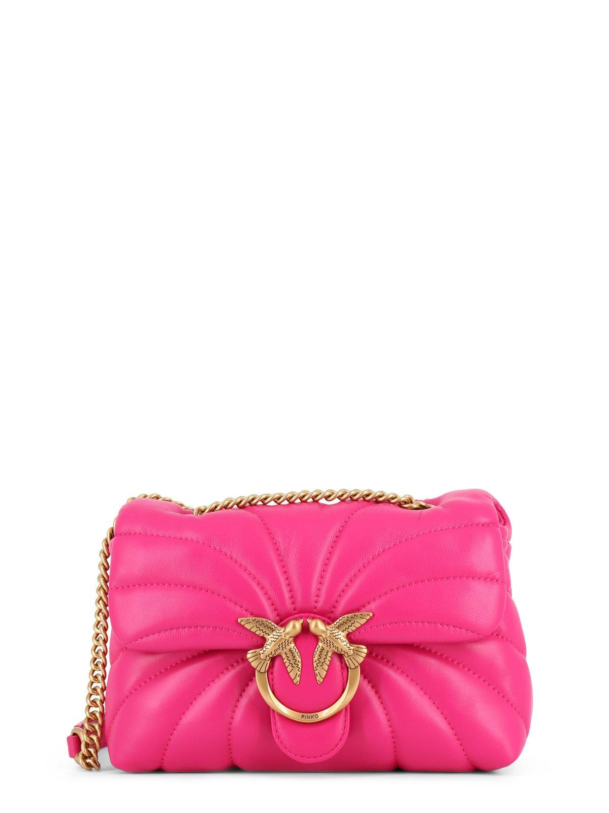 Shop Pinko Love Puff Chain Linked Mini Crossbody Bag In Pink -antique Gold