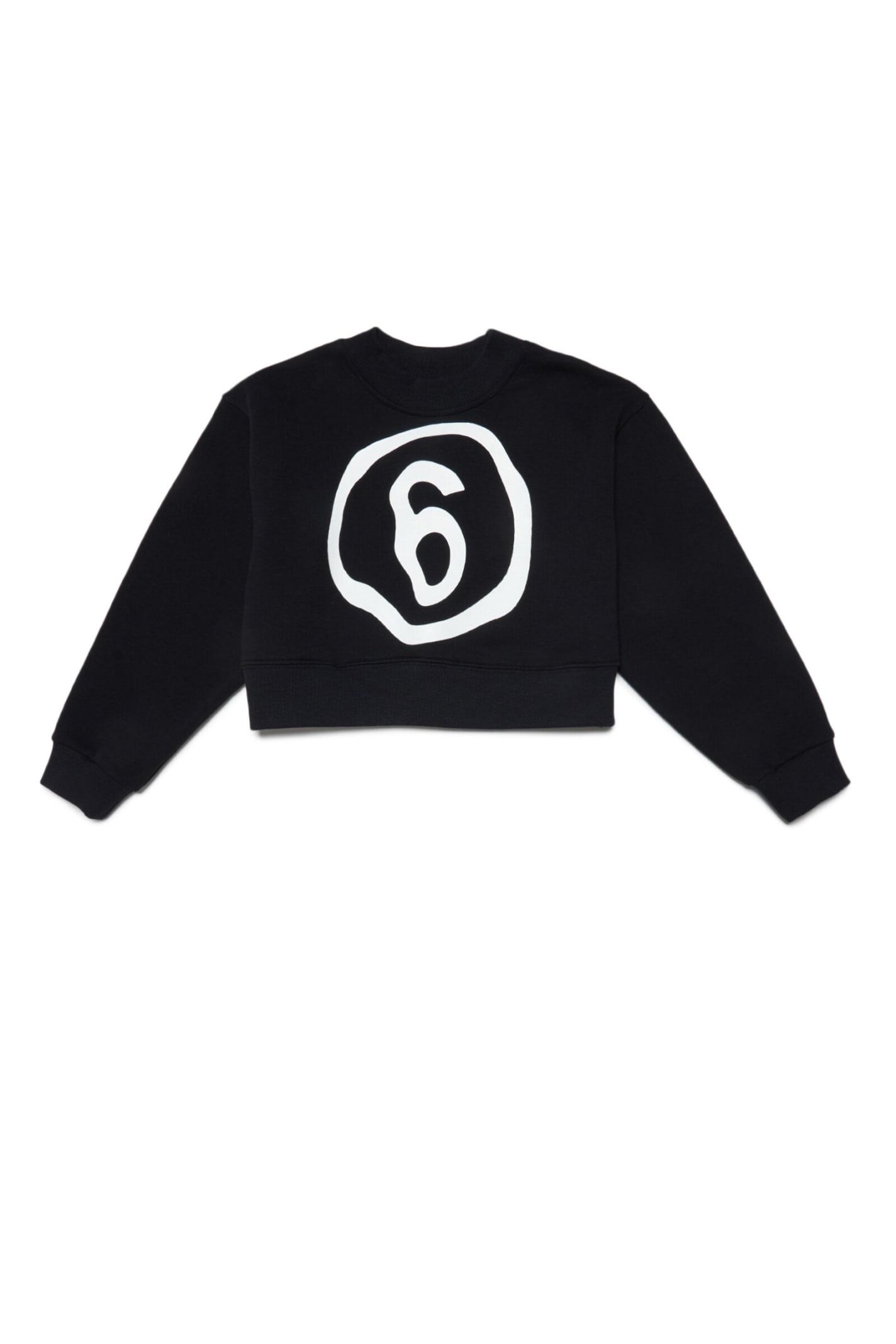 Shop Mm6 Maison Margiela Mm6s53u Sweat-shirt Maison Margiela Black Cropped Crew-neck Cotton Sweatshirt With Fluid Effect Logo In Nero