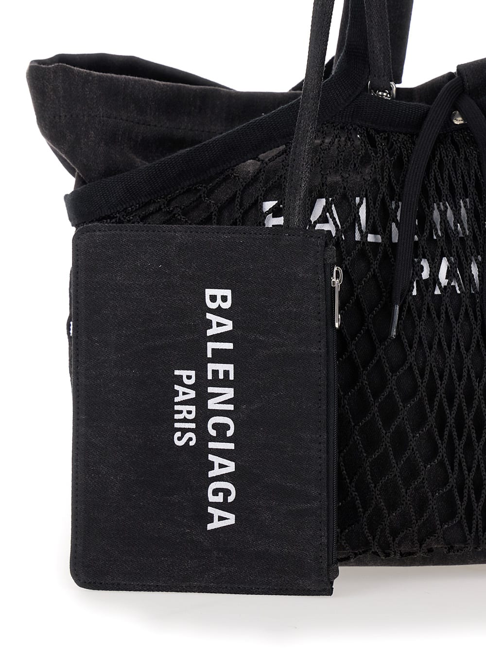 Shop Balenciaga 24/7 Medium Black Tote Bag With Logo Print In Washed Cotton Canvas And Fishnet Woman