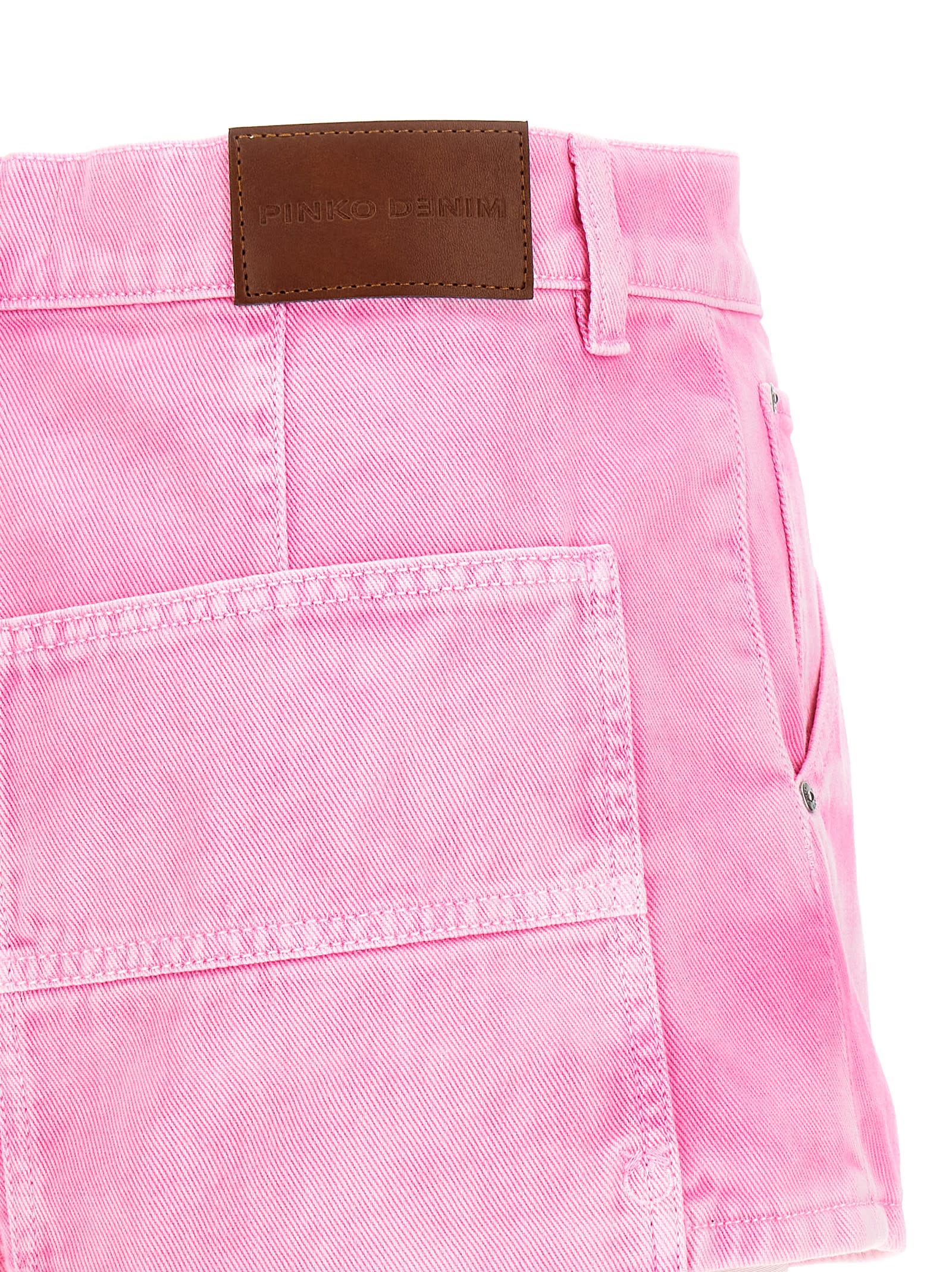 Pinko Pink Denim Shorts With Leather Logo Patch In Pink