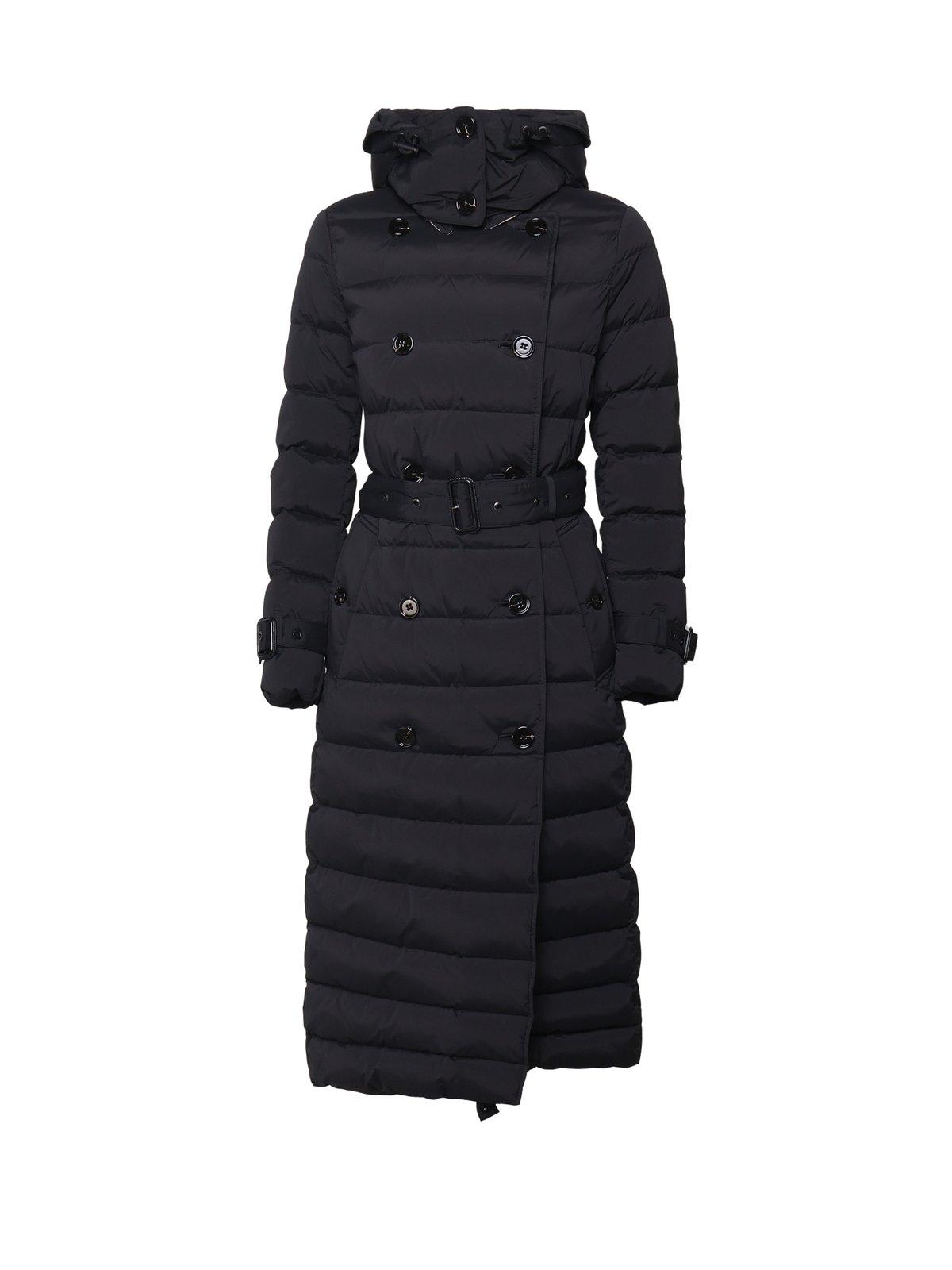 Shop Burberry Double Breasted Hooded Belted Down Coat In Black