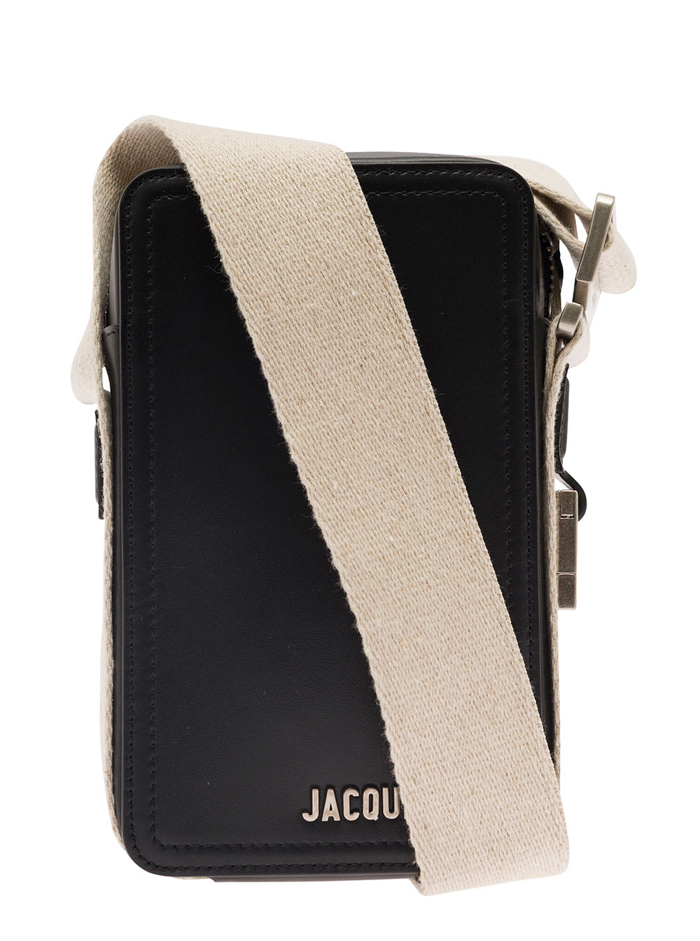 Jacquemus La Cuerda Vertical Black Shoulder Bag With Front Logo In Smooth Leather Man